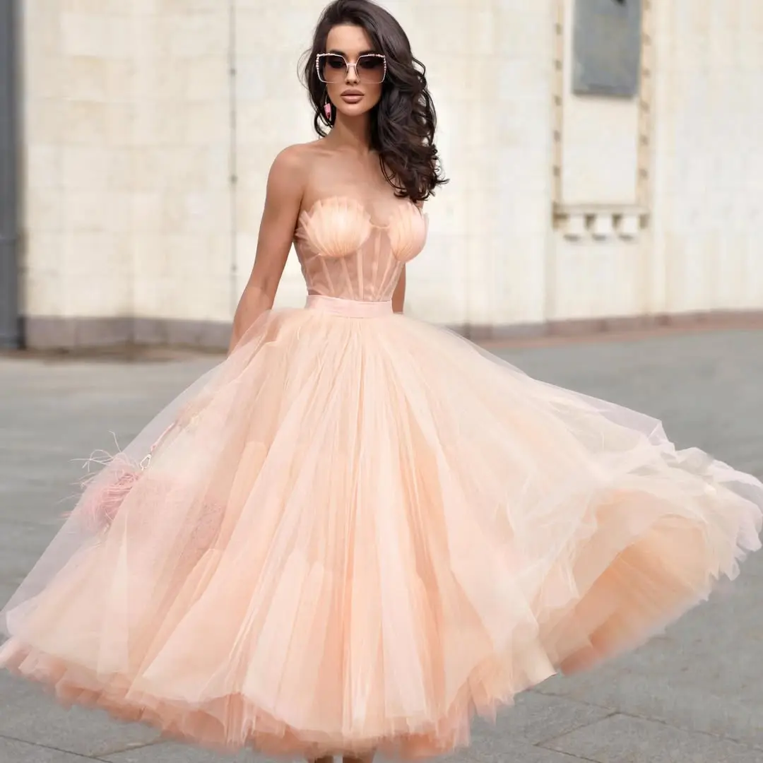 Peach Tulle Skirt with Layered Design for Women Fashionable A Line Midi Skirt for Party and Special Occasions Soft Tutu Skirt