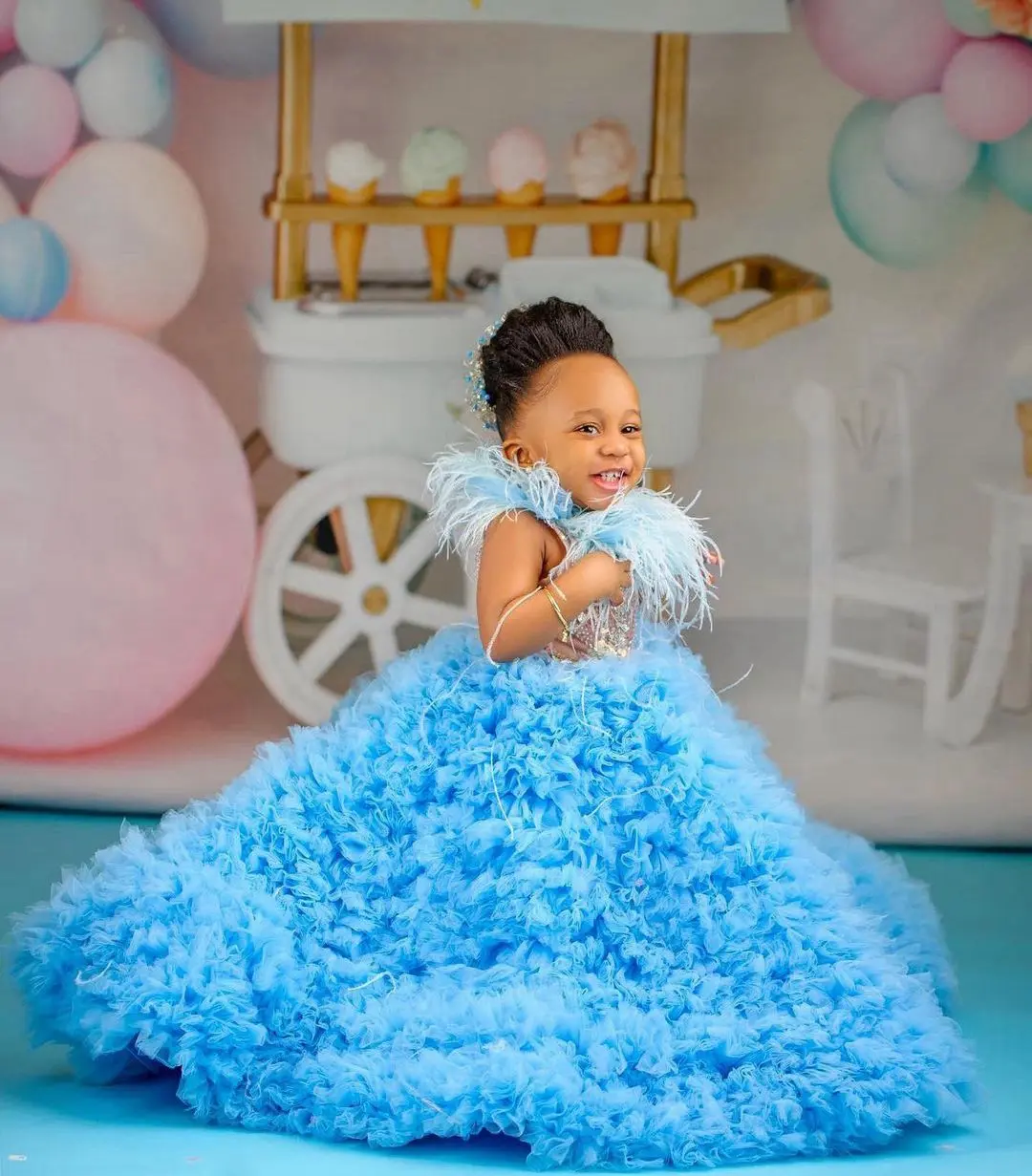 Luxury Blue Pleated Tutu Tulle Dresses Kids South Africa Girls Sequins Birthday Party Dress With Feathers Ruffled Child Gowns