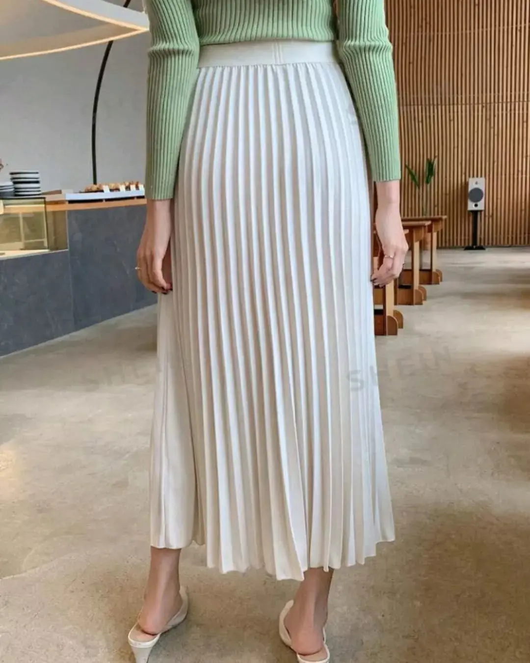 Elegant Beige Pleated Skirt High Waist Women Ankle Length Skirt Female Ladies High Quality Pleats Satin Women Skirt Saia Custom