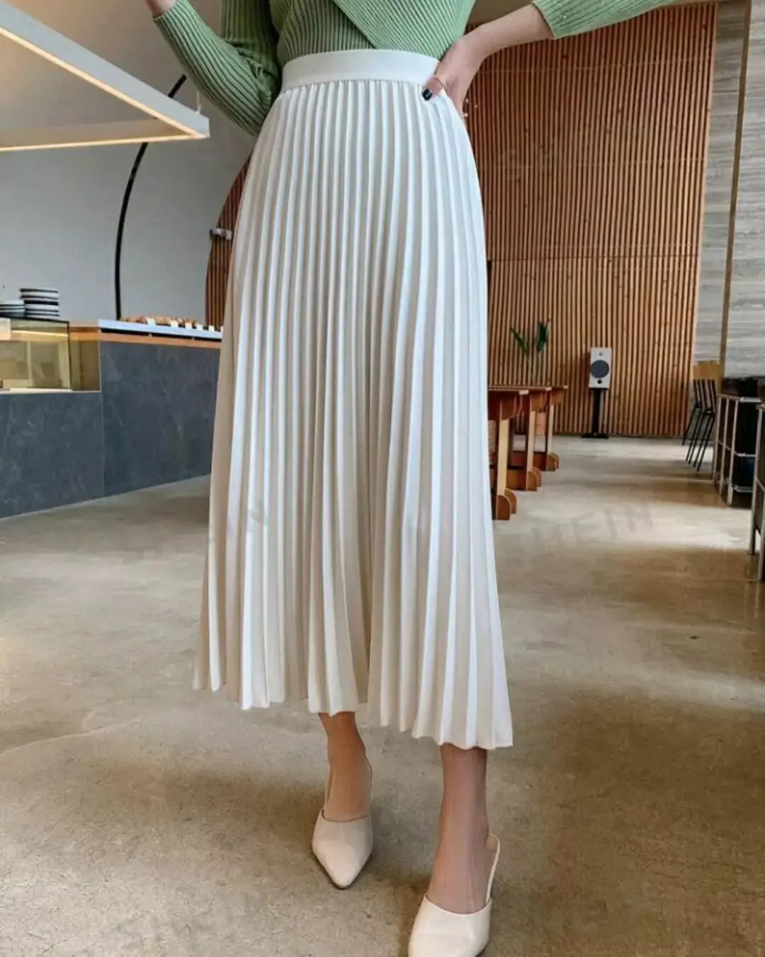 Elegant Beige Pleated Skirt High Waist Women Ankle Length Skirt Female Ladies High Quality Pleats Satin Women Skirt Saia Custom
