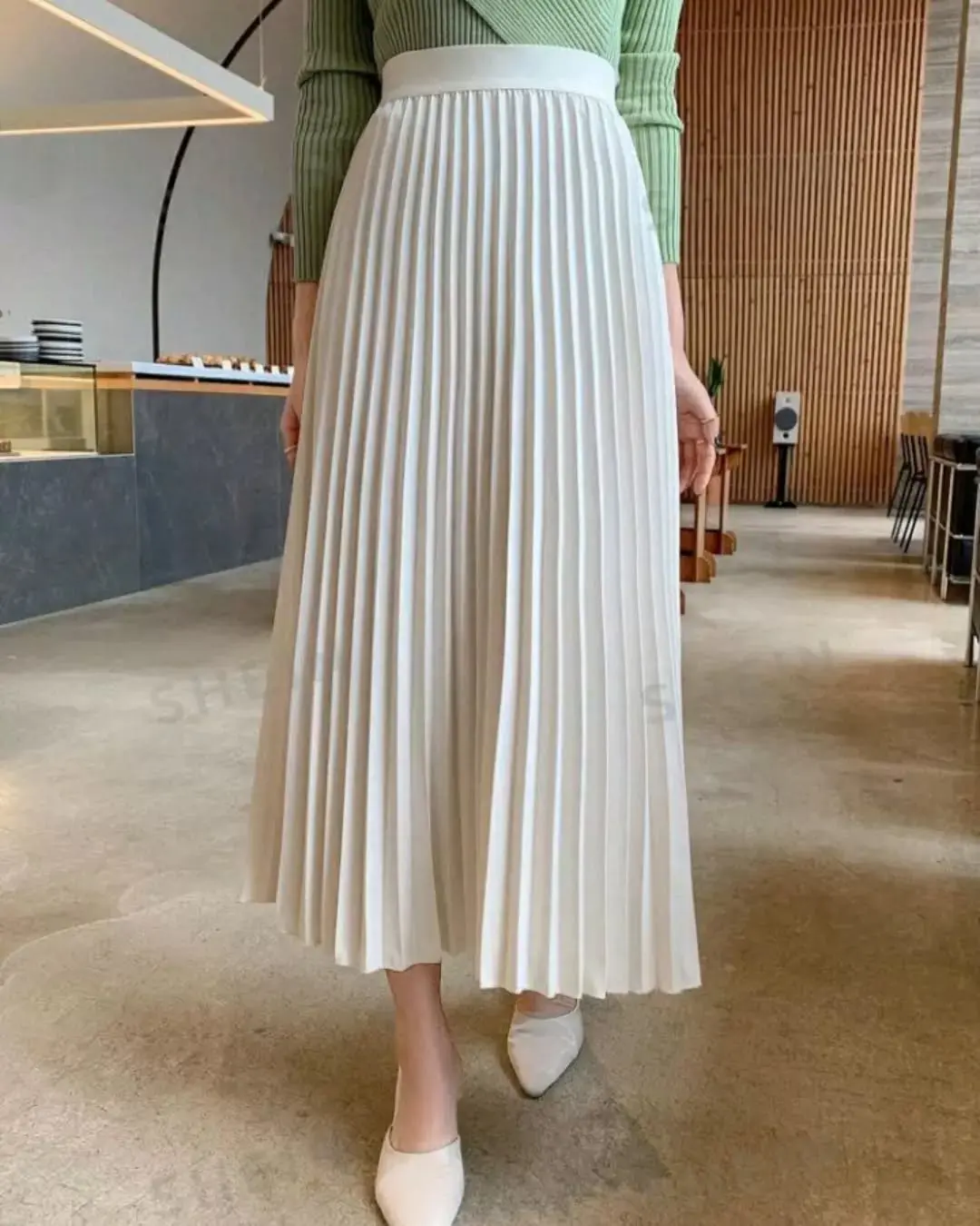 Elegant Beige Pleated Skirt High Waist Women Ankle Length Skirt Female Ladies High Quality Pleats Satin Women Skirt Saia Custom