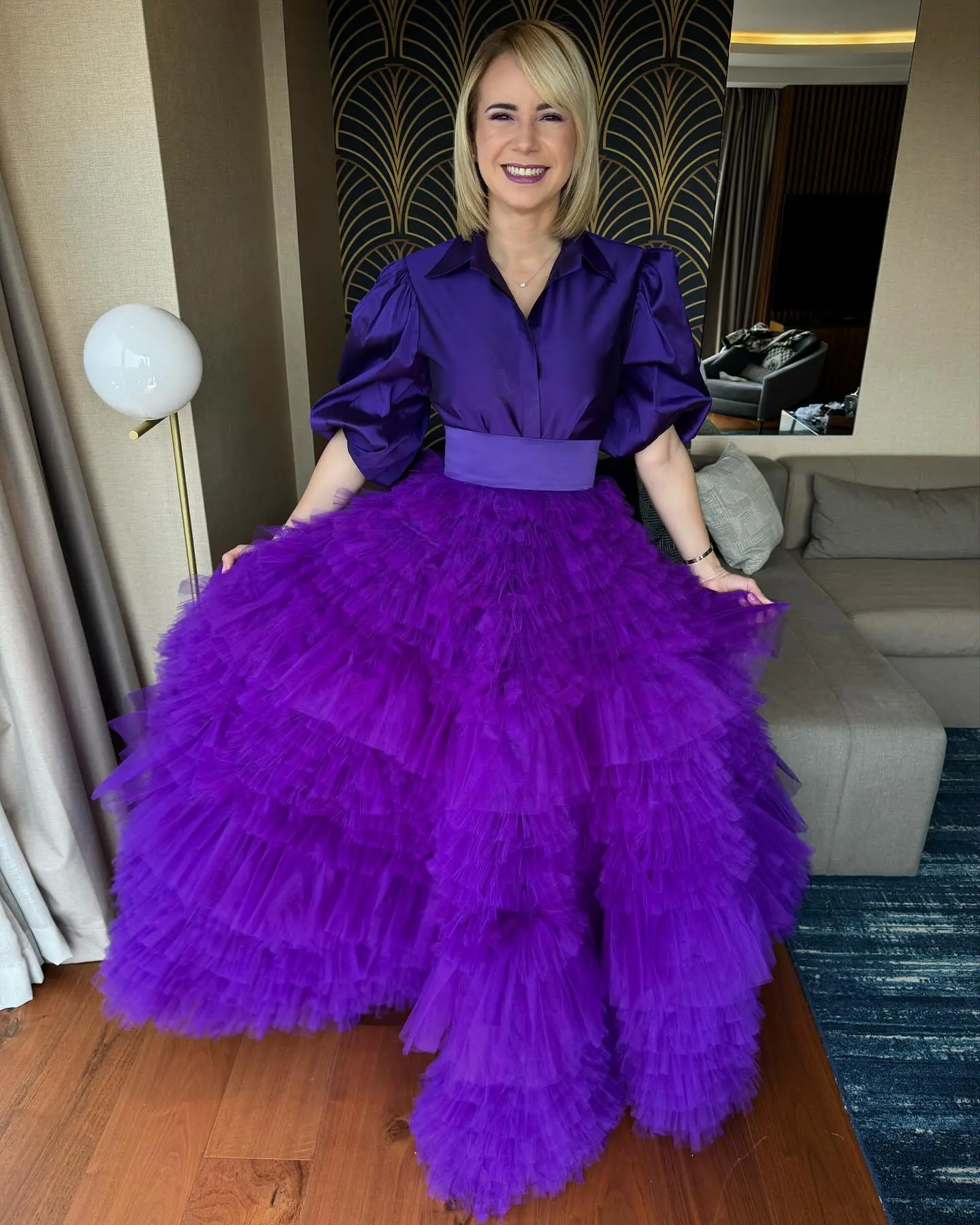 Dreamlike Purple Elastic Waist Layered Tulle Long Skirts To Party Puffy Volume Tutu Tulle Bridal Wedding Skirt Women Maxi Skirt