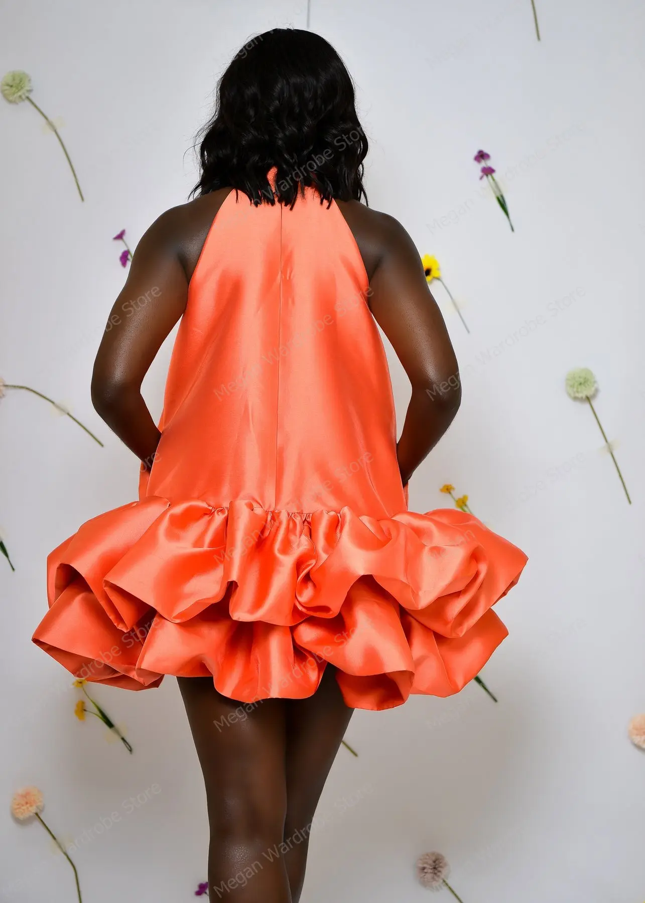 Simple Orange Halter Satin Black Women Dresses Ruffle Bottom Casual Dress Zipper Back Short Women Dress Vestidos Real Image