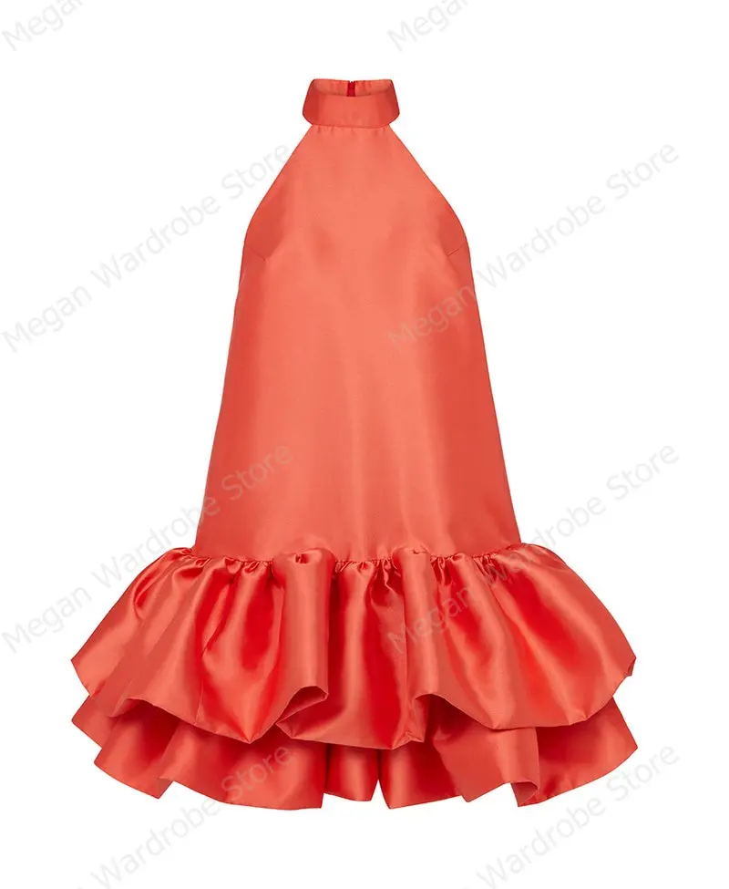 Simple Orange Halter Satin Black Women Dresses Ruffle Bottom Casual Dress Zipper Back Short Women Dress Vestidos Real Image