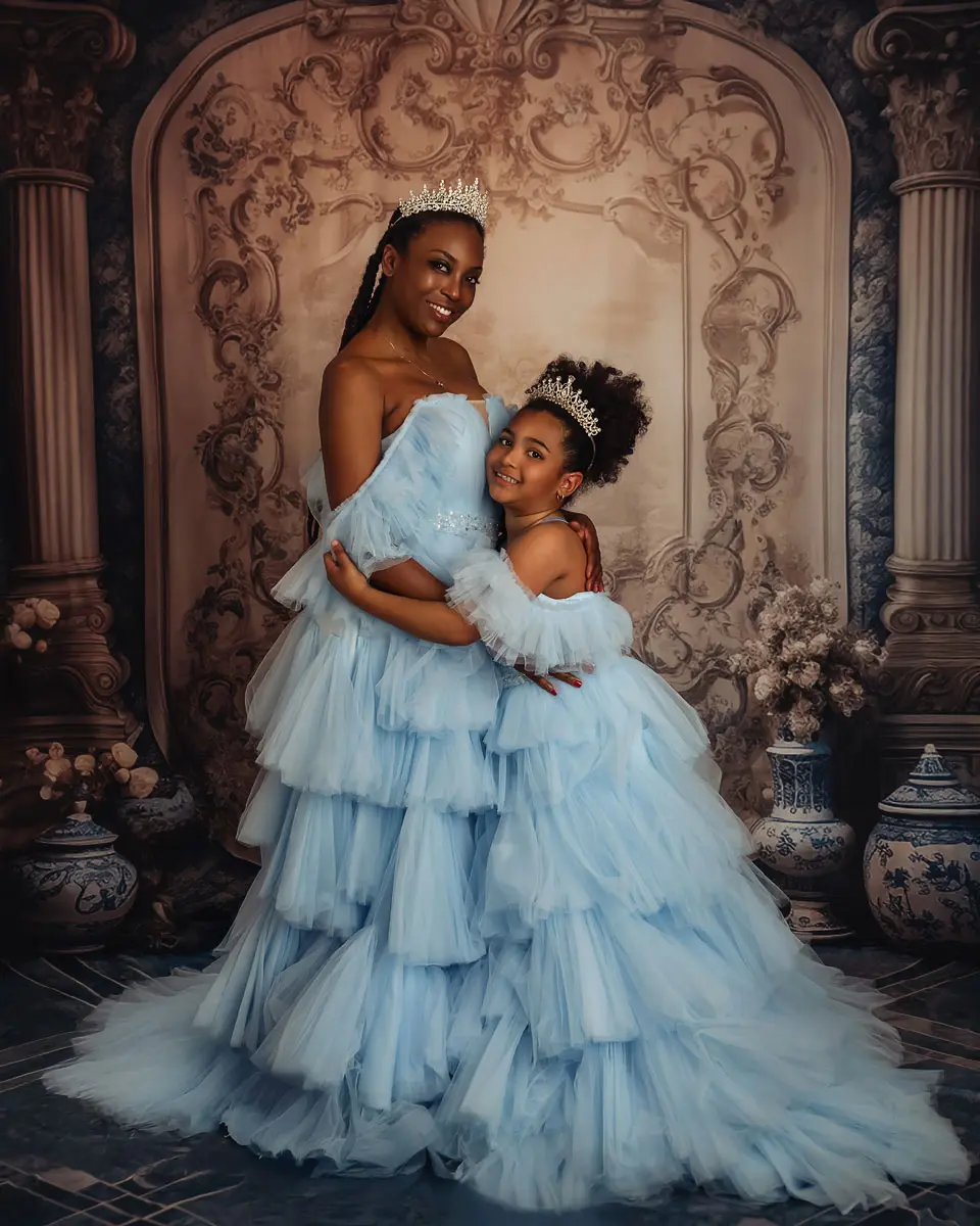 Puffy Sky Blue Ruffled Tulle Prom Gowns For Mother And Daughter Off The Shoulder Tiered Long Mommy And Me Mesh Dress Custom Made