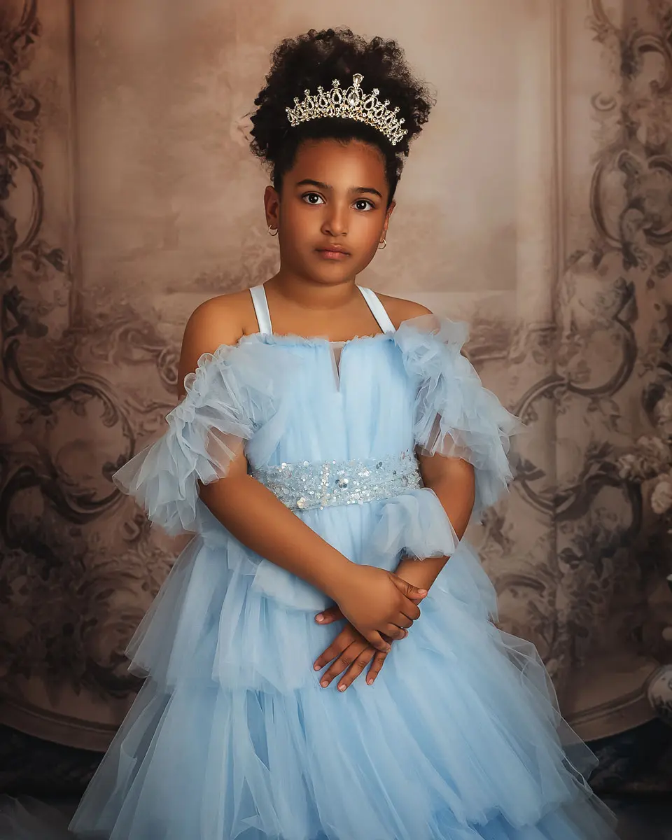 Puffy Sky Blue Ruffled Tulle Prom Gowns For Mother And Daughter Off The Shoulder Tiered Long Mommy And Me Mesh Dress Custom Made