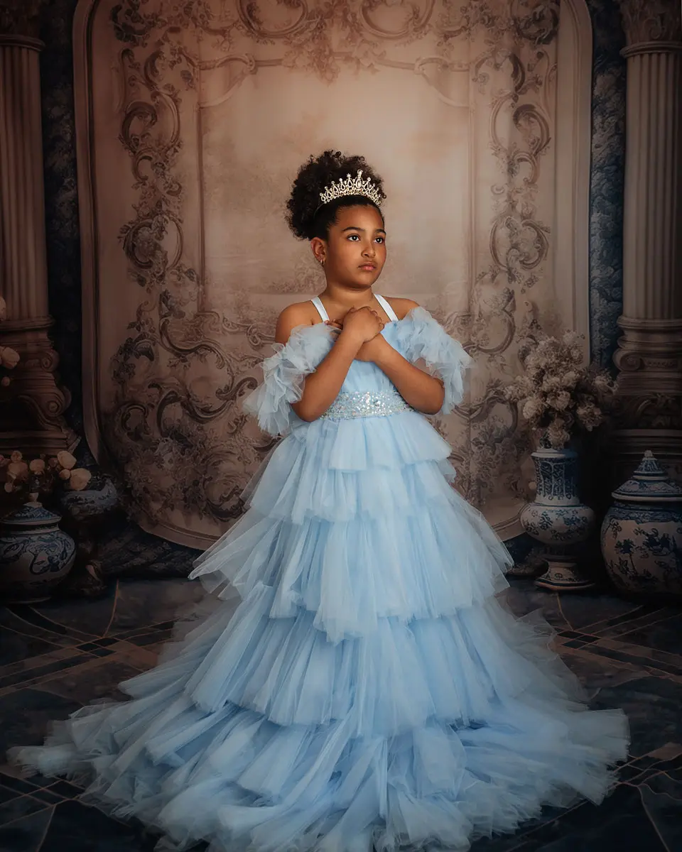 Puffy Sky Blue Ruffled Tulle Prom Gowns For Mother And Daughter Off The Shoulder Tiered Long Mommy And Me Mesh Dress Custom Made
