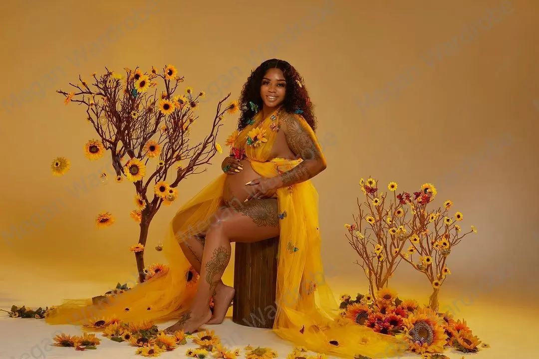 Sexy See Thru Gold Maternity Dress Women Deep V-Neck Elastic Waist Long   Tulle Dresses Plus Size Front Open