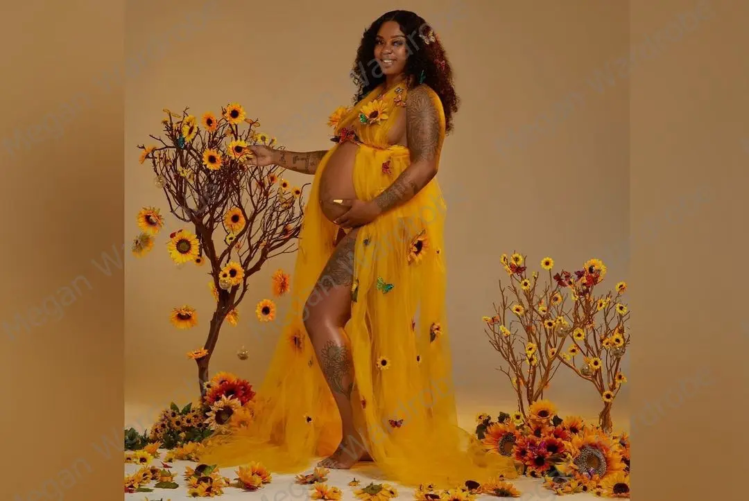Sexy See Thru Gold Maternity Dress Women Deep V-Neck Elastic Waist Long   Tulle Dresses Plus Size Front Open