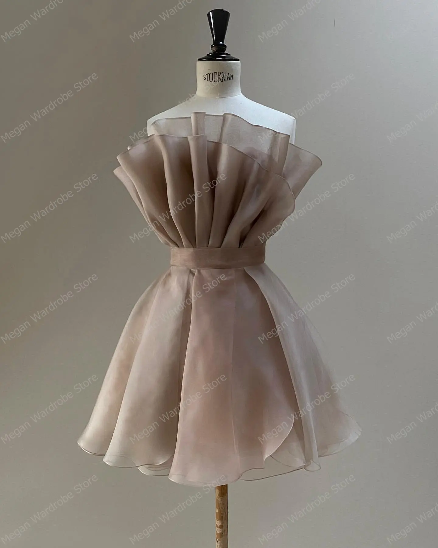 Simple Khaki Strapless Short Soft Tulle Gowns Designs Ruffled Draped Chiffon Dresses Women Sheer Illusion Brial Dress Real Photo