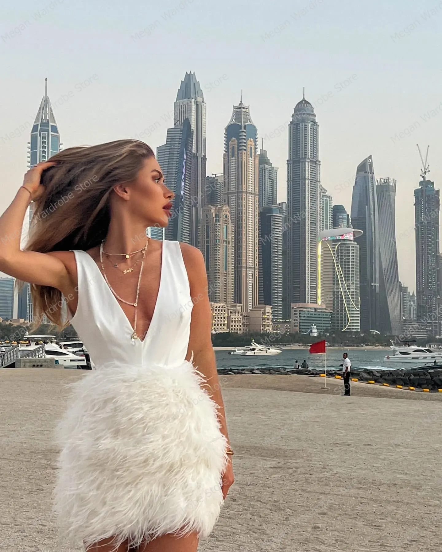 Sexy White Deep V Neck Sleeveless Satin Feathers Dress Puffy Short Mini Length Party Dresses Women Vestito Real Image