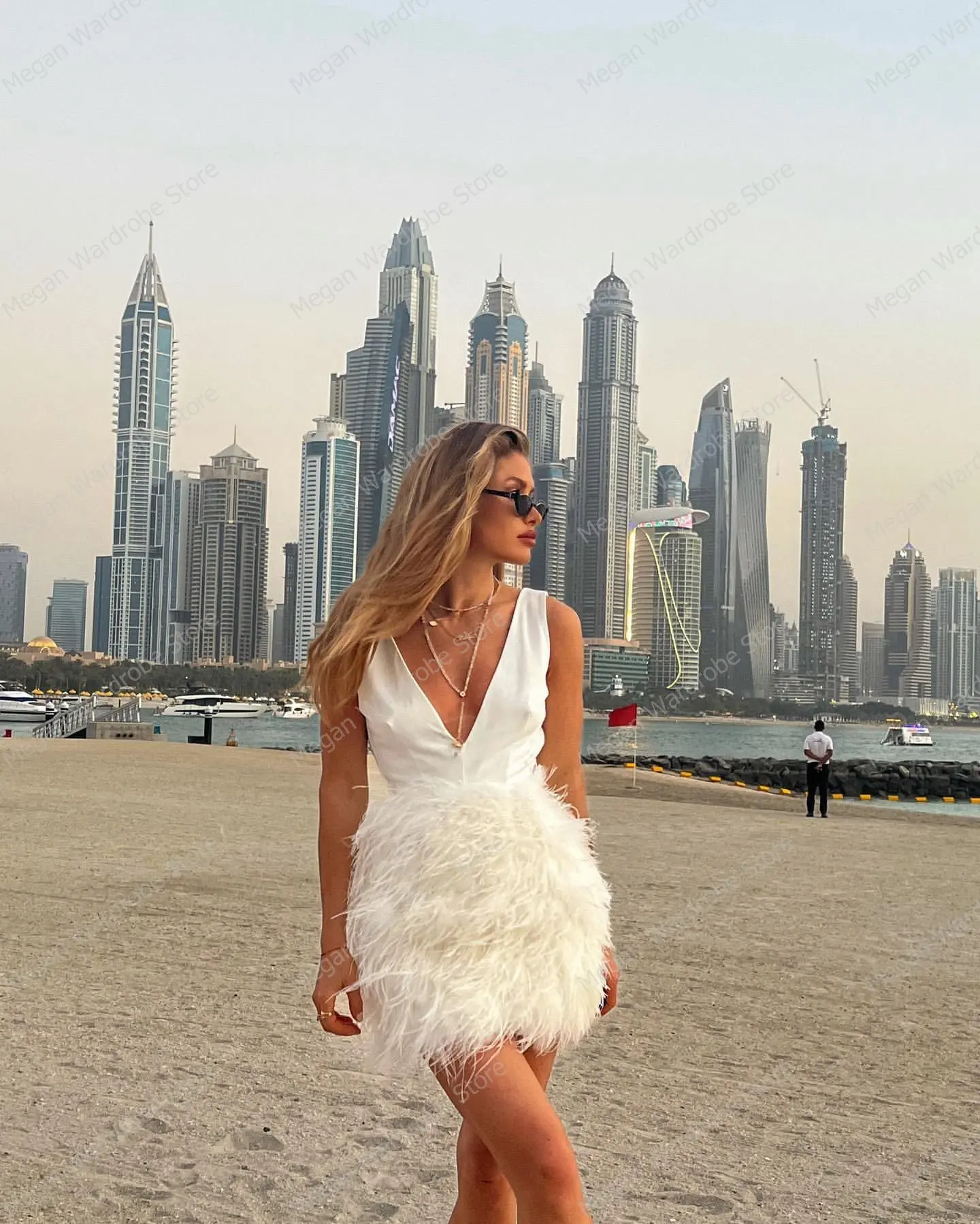 Sexy White Deep V Neck Sleeveless Satin Feathers Dress Puffy Short Mini Length Party Dresses Women Vestito Real Image