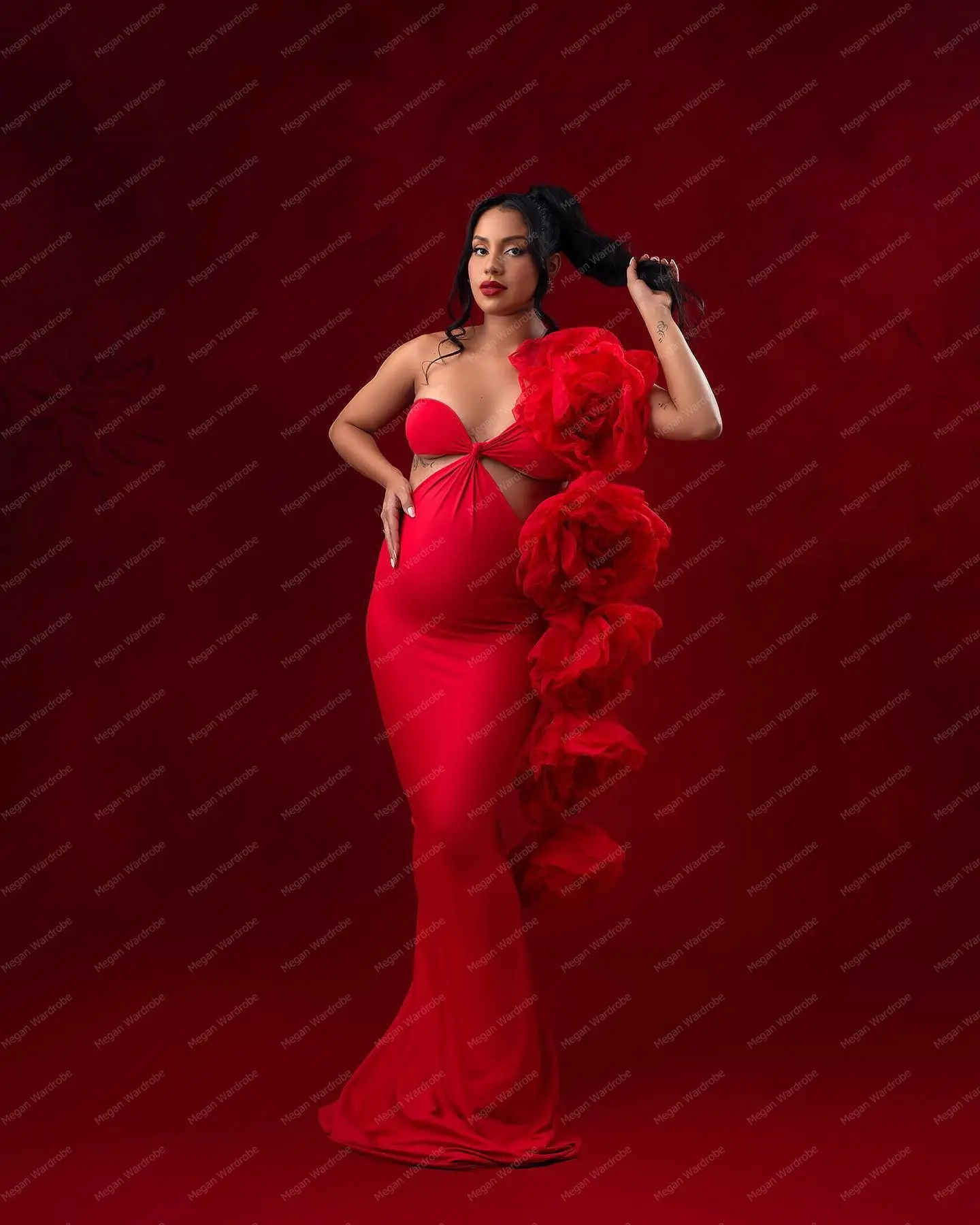 Sexy Red Flowers Maternity Dresses Custom Made For Photo   Shoot Women Mermaid Stretchy Pregnancy Gowns Strapless Maxi   Dress
