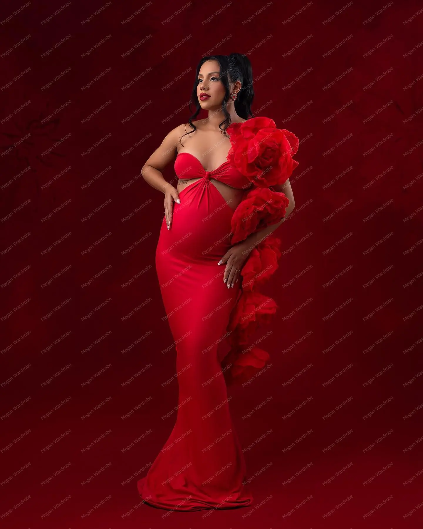 Sexy Red Flowers Maternity Dresses Custom Made For Photo   Shoot Women Mermaid Stretchy Pregnancy Gowns Strapless Maxi   Dress