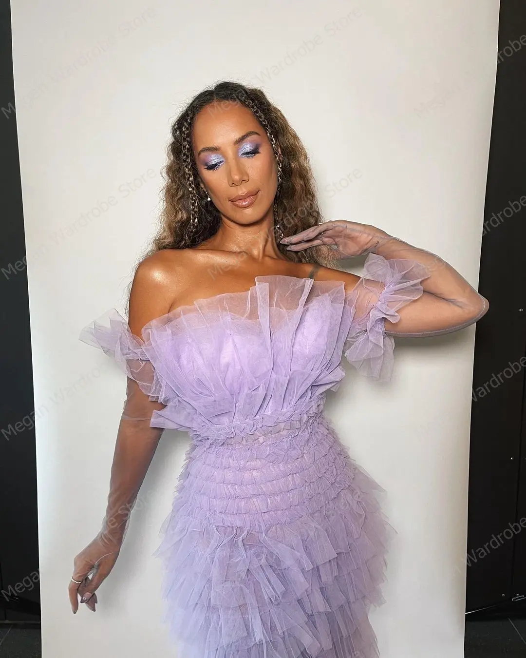 Pretty Pleated Ruffled Tulle Dresses For Women Lavender Strapless Tiered Lush Mesh Long Party Dresses Without Glove