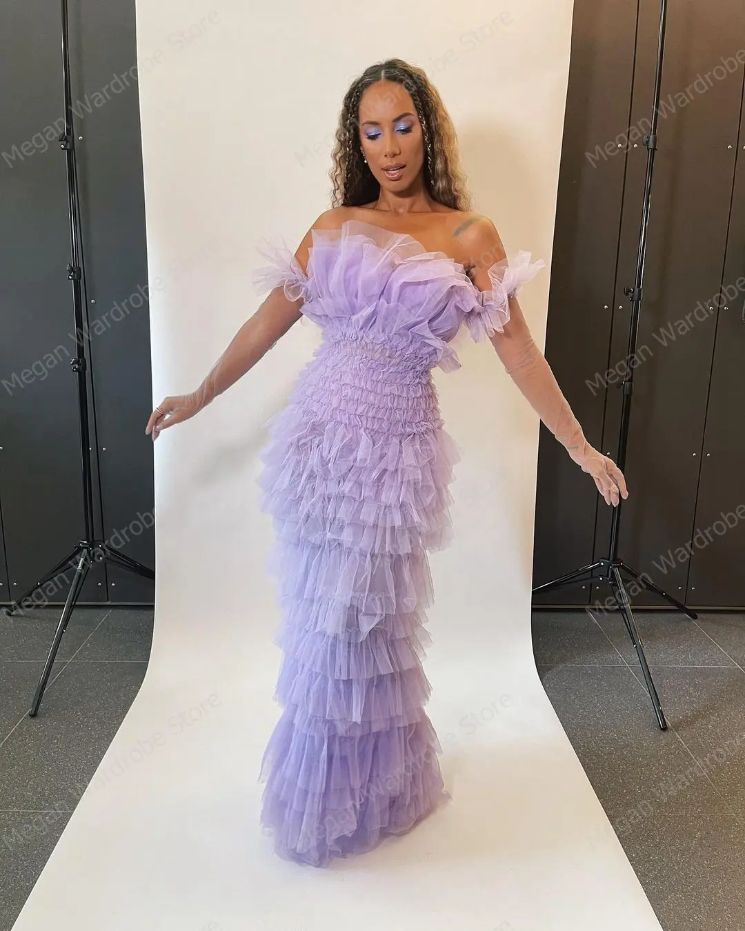Pretty Pleated Ruffled Tulle Dresses For Women Lavender Strapless Tiered Lush Mesh Long Party Dresses Without Glove