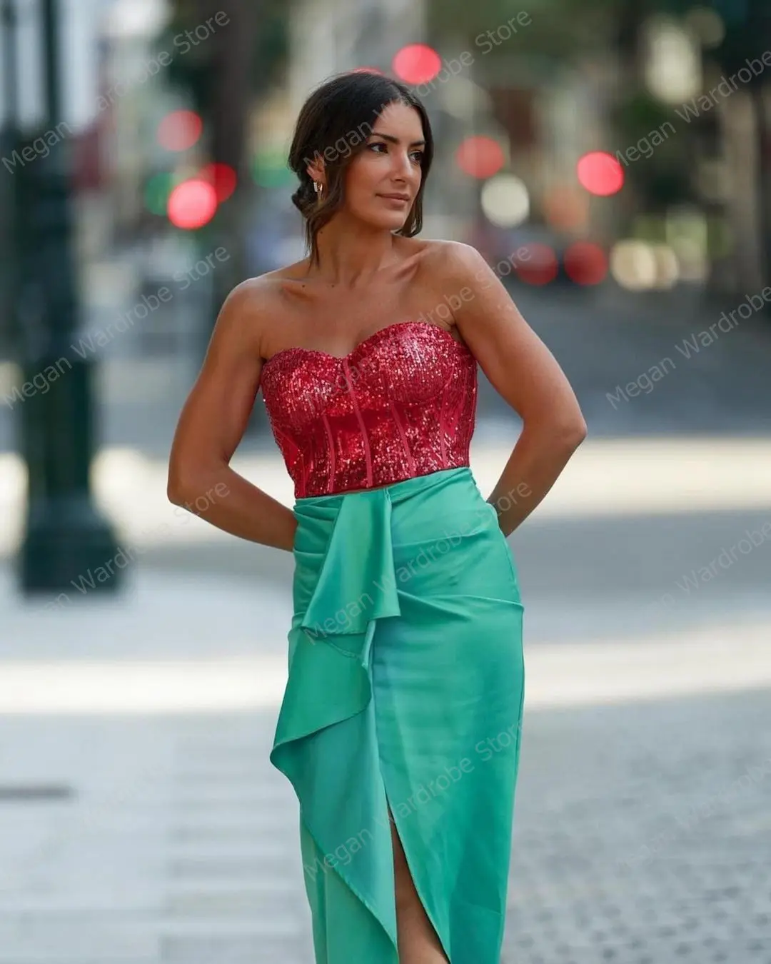 Turquoise Elegant Satin Lady Skirt Chic Hi Low Mermaid Skirts Invisible Zipper Waist Pleated Tea Length Skirt For Women La jupe