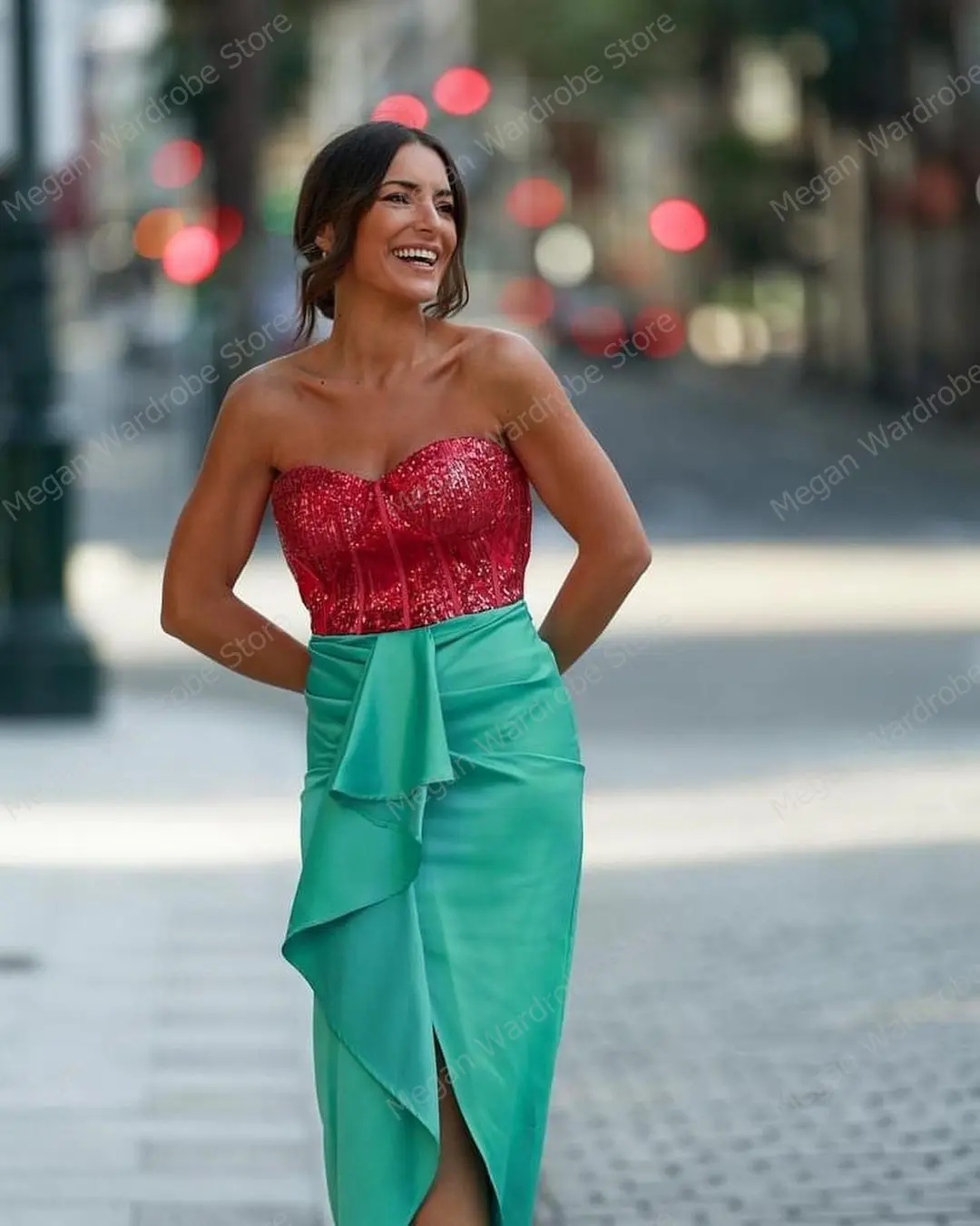 Turquoise Elegant Satin Lady Skirt Chic Hi Low Mermaid Skirts Invisible Zipper Waist Pleated Tea Length Skirt For Women La jupe