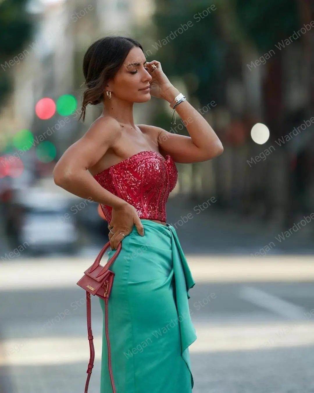 Turquoise Elegant Satin Lady Skirt Chic Hi Low Mermaid Skirts Invisible Zipper Waist Pleated Tea Length Skirt For Women La jupe