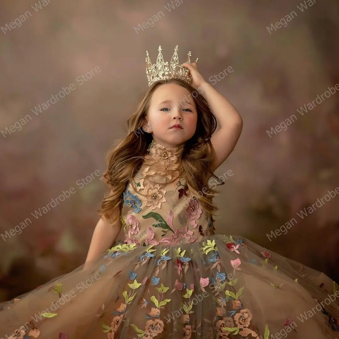 Princess Flower Girl Dress For Wedding Champagne Ball Gown Colorful Florals Lace Appliques Party Gown Kid Pageant Birthday Dress
