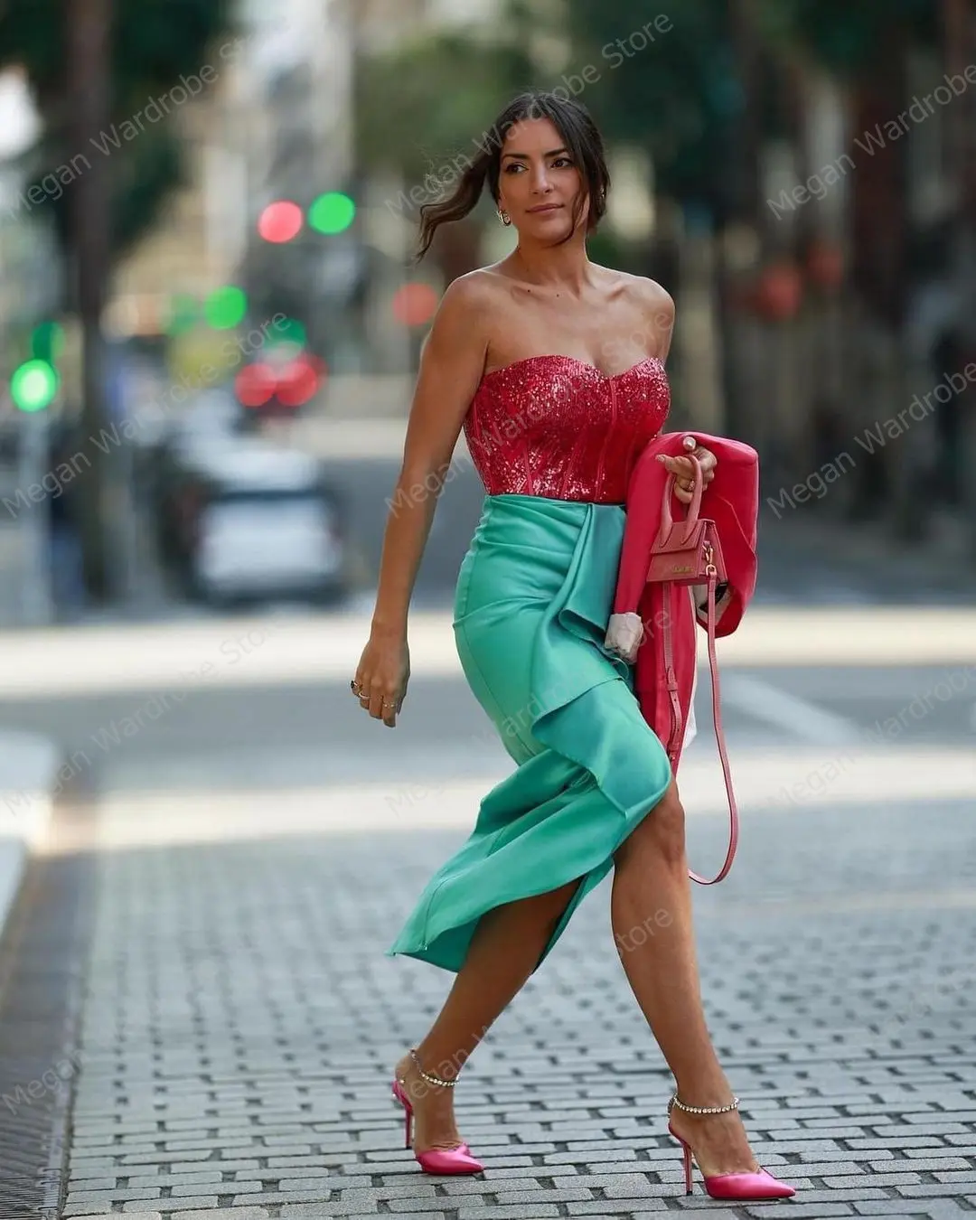 Turquoise Elegant Satin Lady Skirt Chic Hi Low Mermaid Skirts Invisible Zipper Waist Pleated Tea Length Skirt For Women La jupe