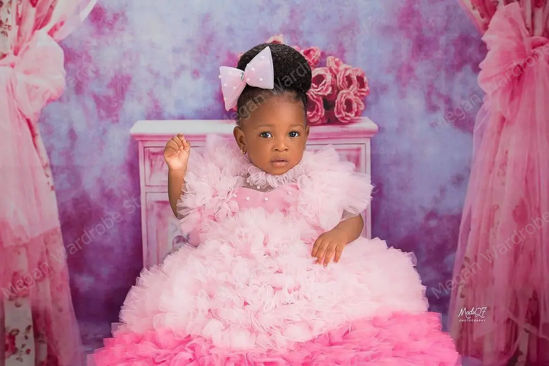 Sweety Pink Mix-Color Lush Tutu Flower Kids Gown Fluffy Pleated Ruffled Tulle Girls Dresses Long Birthday Party Dress Baby Girl