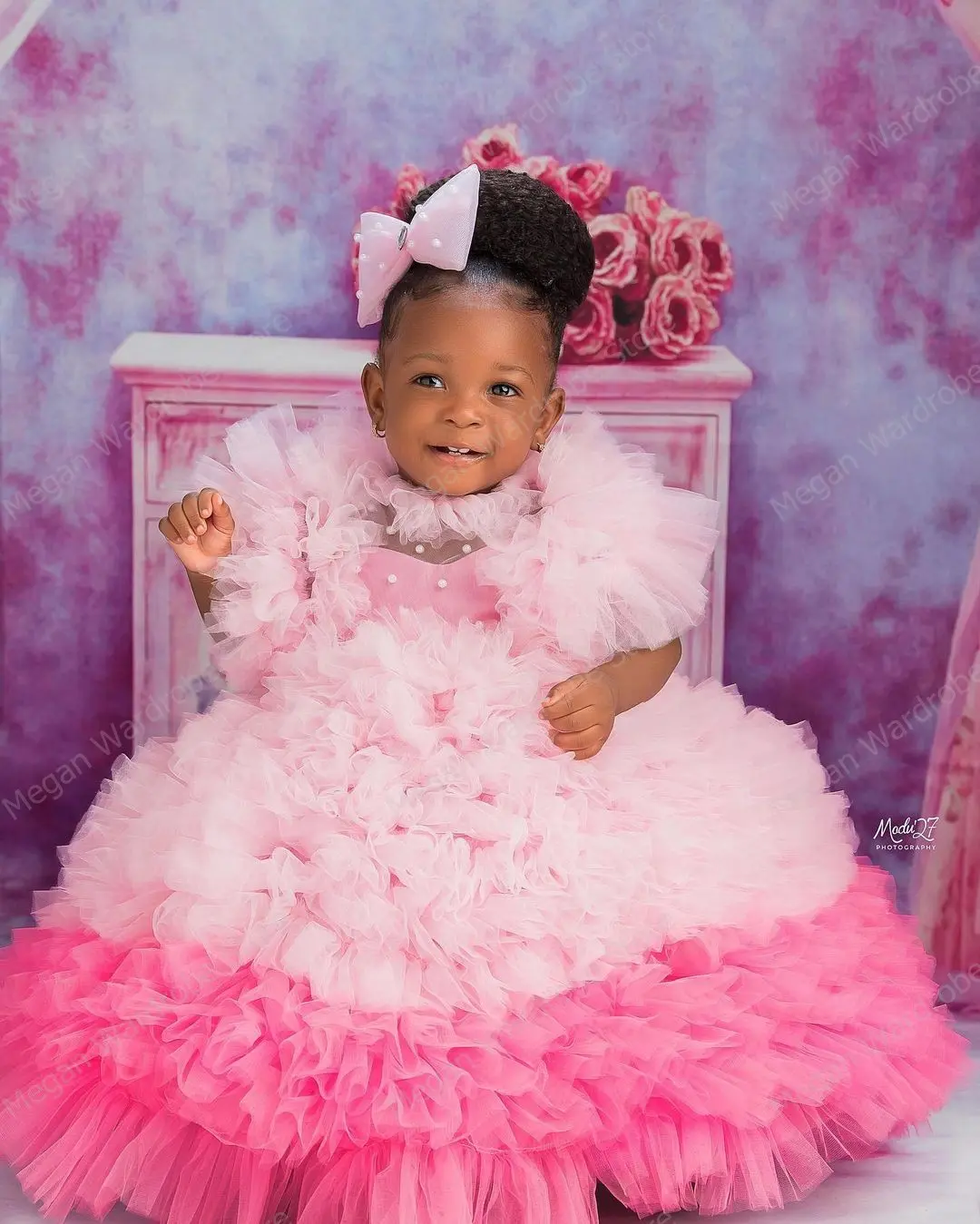 Sweety Pink Mix-Color Lush Tutu Flower Kids Gown Fluffy Pleated Ruffled Tulle Girls Dresses Long Birthday Party Dress Baby Girl