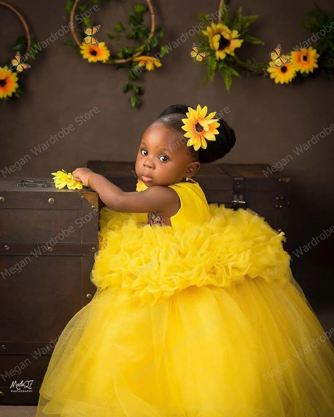 Golden Yellow South Africa Kids Dresses Luxury Crystal Appliques Tulle Dress Lush Ruffles Pleated Tulle Long Child Party Gowns