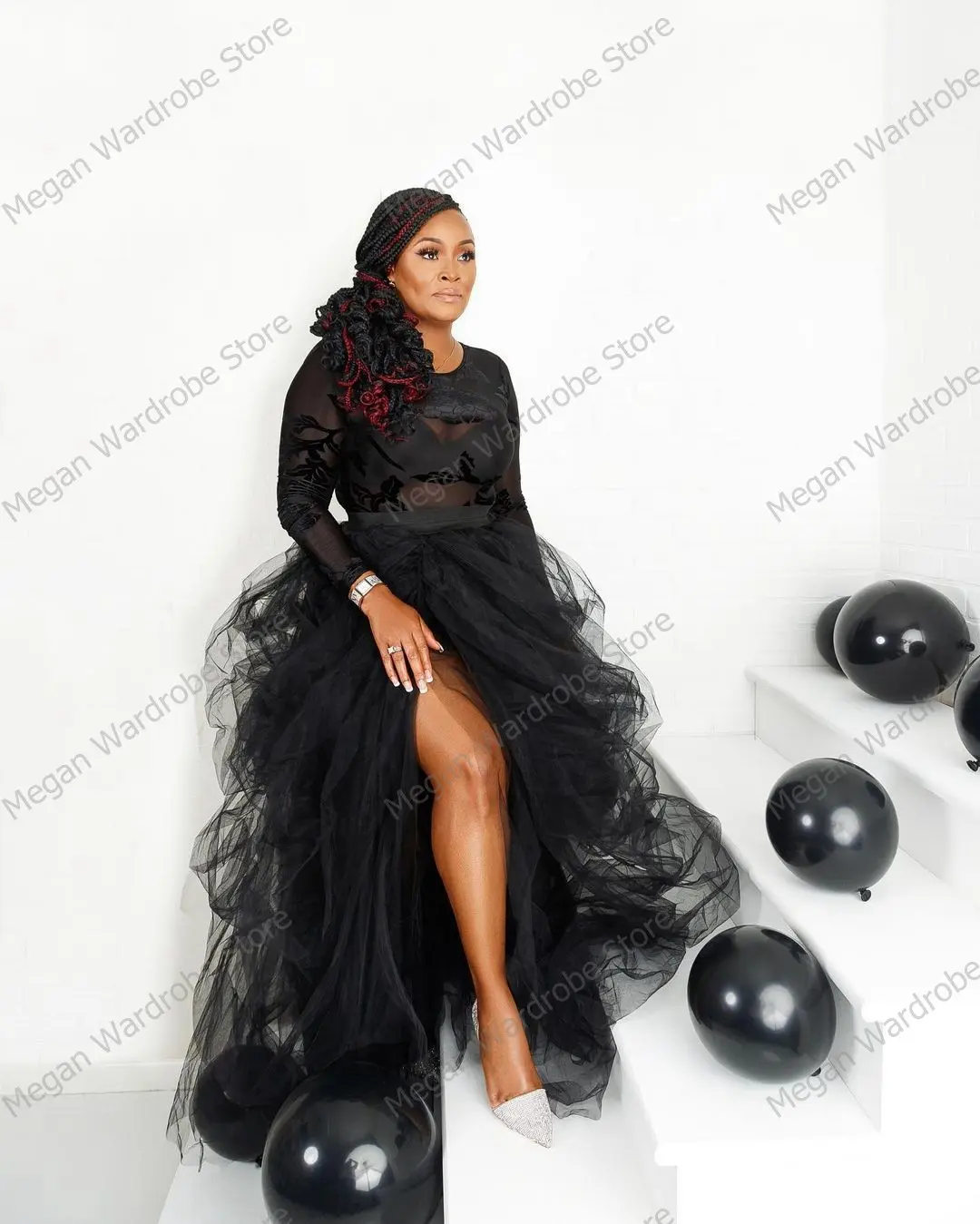 Classic Black High Slit Women Tulle Skirt Puffy A-line Elastic Waist Long Tulle Party Skirts Lush Illusion Mesh Skirts