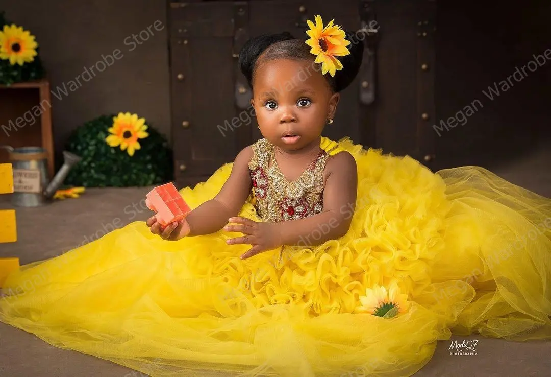 Golden Yellow South Africa Kids Dresses Luxury Crystal Appliques Tulle Dress Lush Ruffles Pleated Tulle Long Child Party Gowns