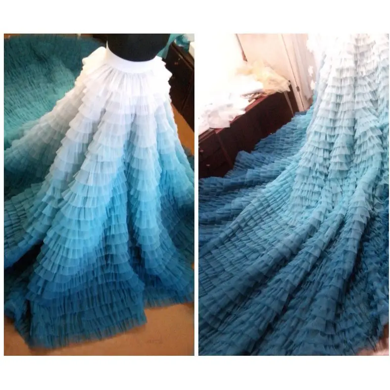 Luxury Elegant Tiered Ruffles Long Train Bridal Tulle Skirts Custom Made Mix Color Tulle Skirt Women Elastic Wait Maxi Skirt