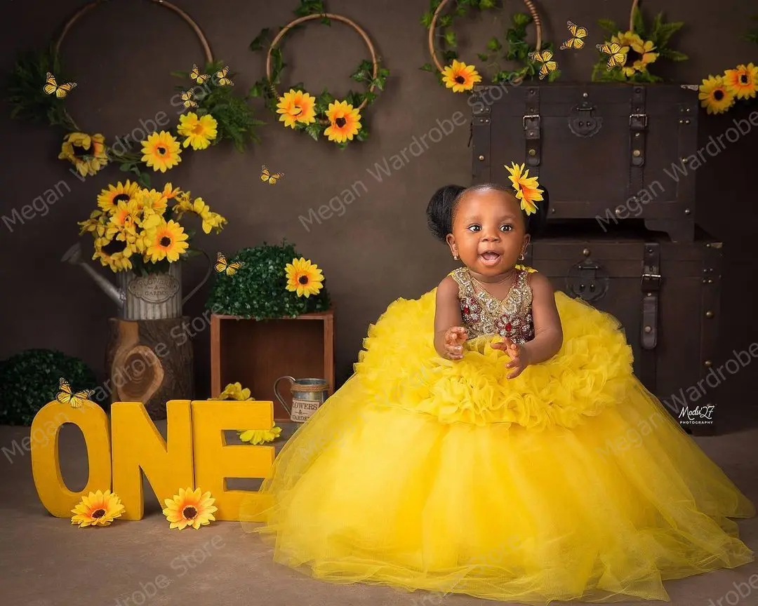 Golden Yellow South Africa Kids Dresses Luxury Crystal Appliques Tulle Dress Lush Ruffles Pleated Tulle Long Child Party Gowns