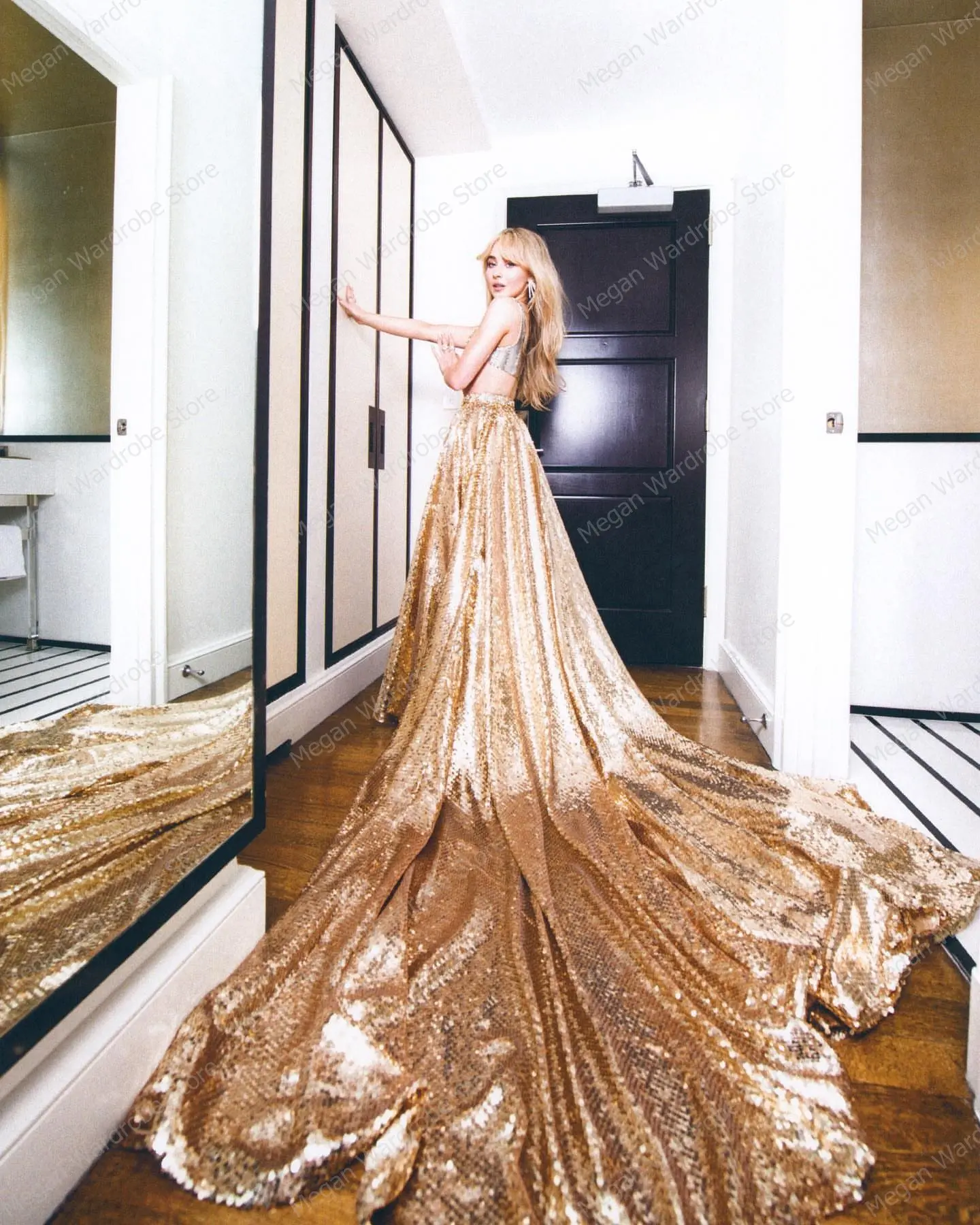 Glitter Gold Sequins Banquet Skirts With Long Train Fashion Sequins Wedding Party Skirts Charming Hi Low Bridal Skirt Spódnice
