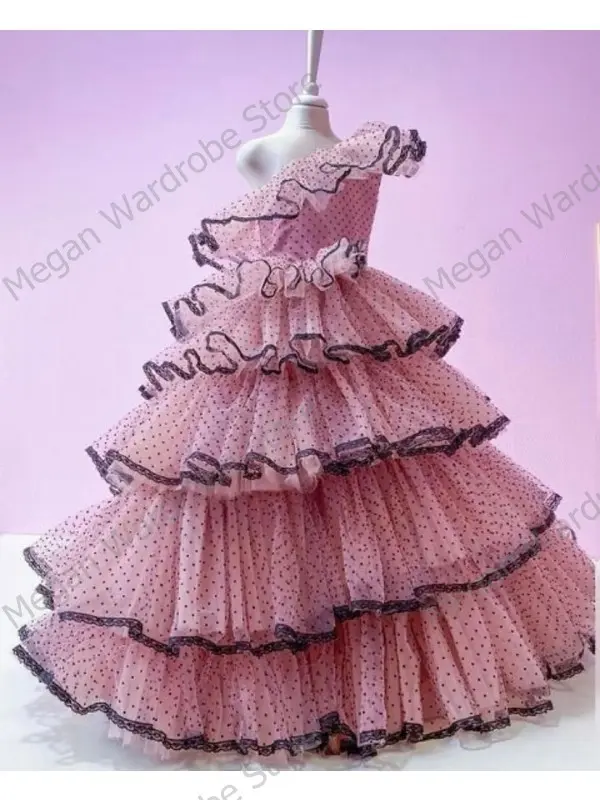 Fashion Pink Polka Dot Tulle Dresses Girls One Shoulder Puffy A-Line Long Floor Length Formal Dress Black Lace Edge Kids Gown