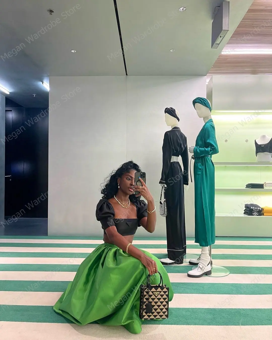 Wholesale Green Mid-Calf Party Skirt Tea Length Elastic Waist Africa Skirts For Black Women A-line Pleated Satin Casual Skirt