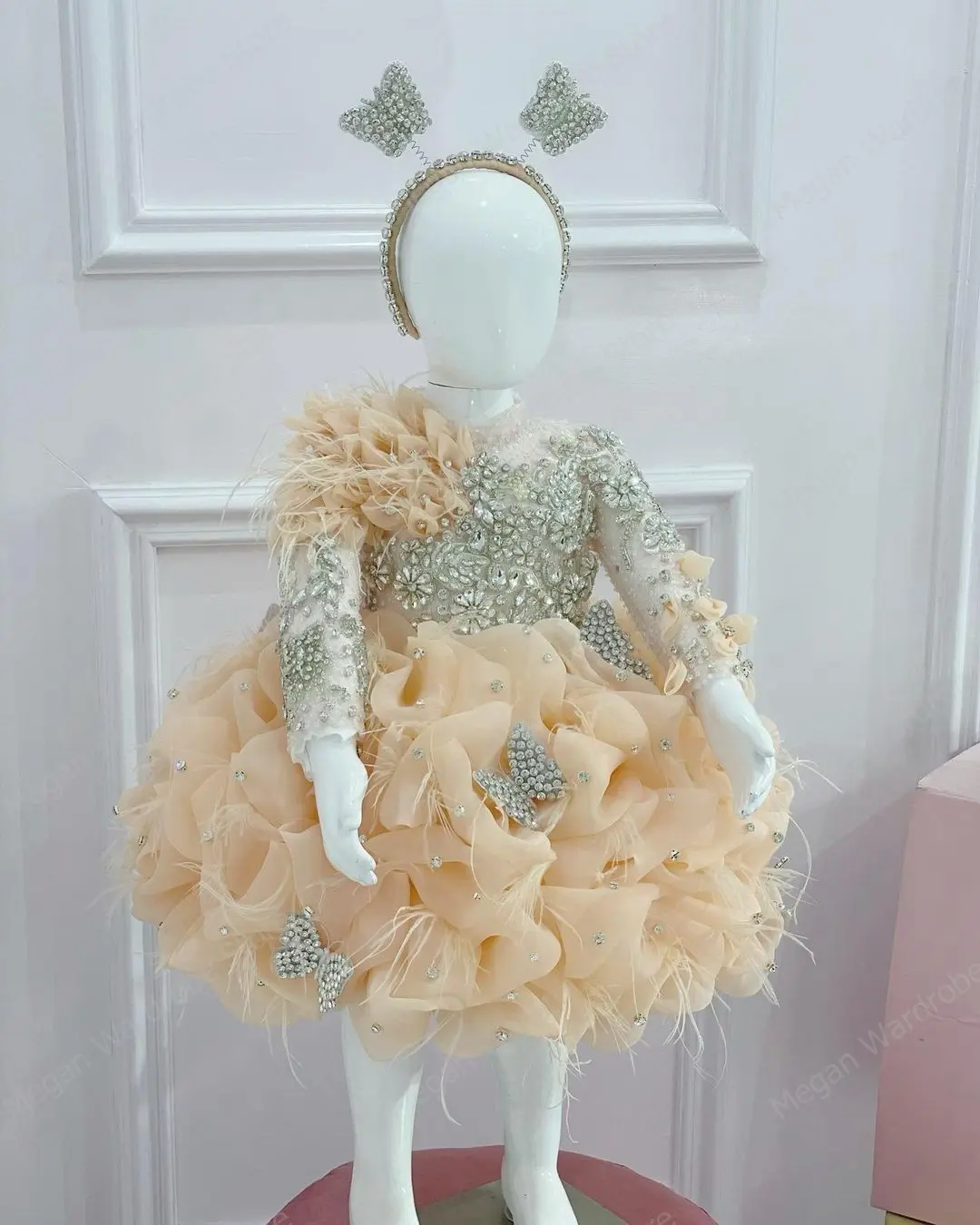 Champagne 3D Floral Child Flower Girl Dress For Wedding Fluffy Ruffled Tulle Ball Gown Kid Princess Crystal Sheer Mesh Kid Dress