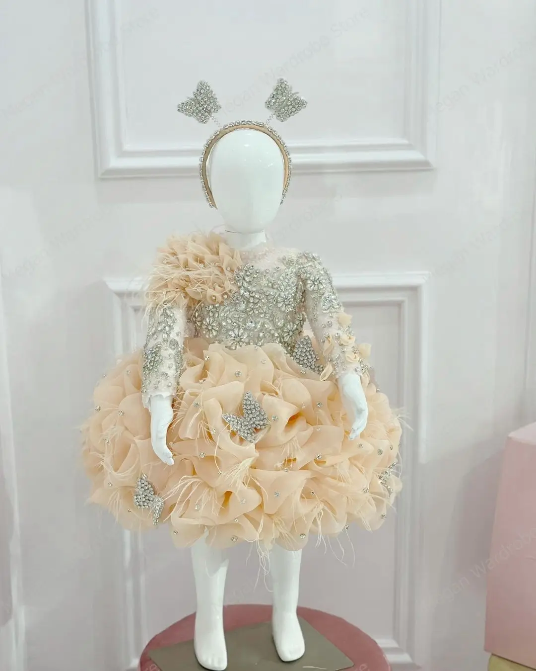 Champagne 3D Floral Child Flower Girl Dress For Wedding Fluffy Ruffled Tulle Ball Gown Kid Princess Crystal Sheer Mesh Kid Dress