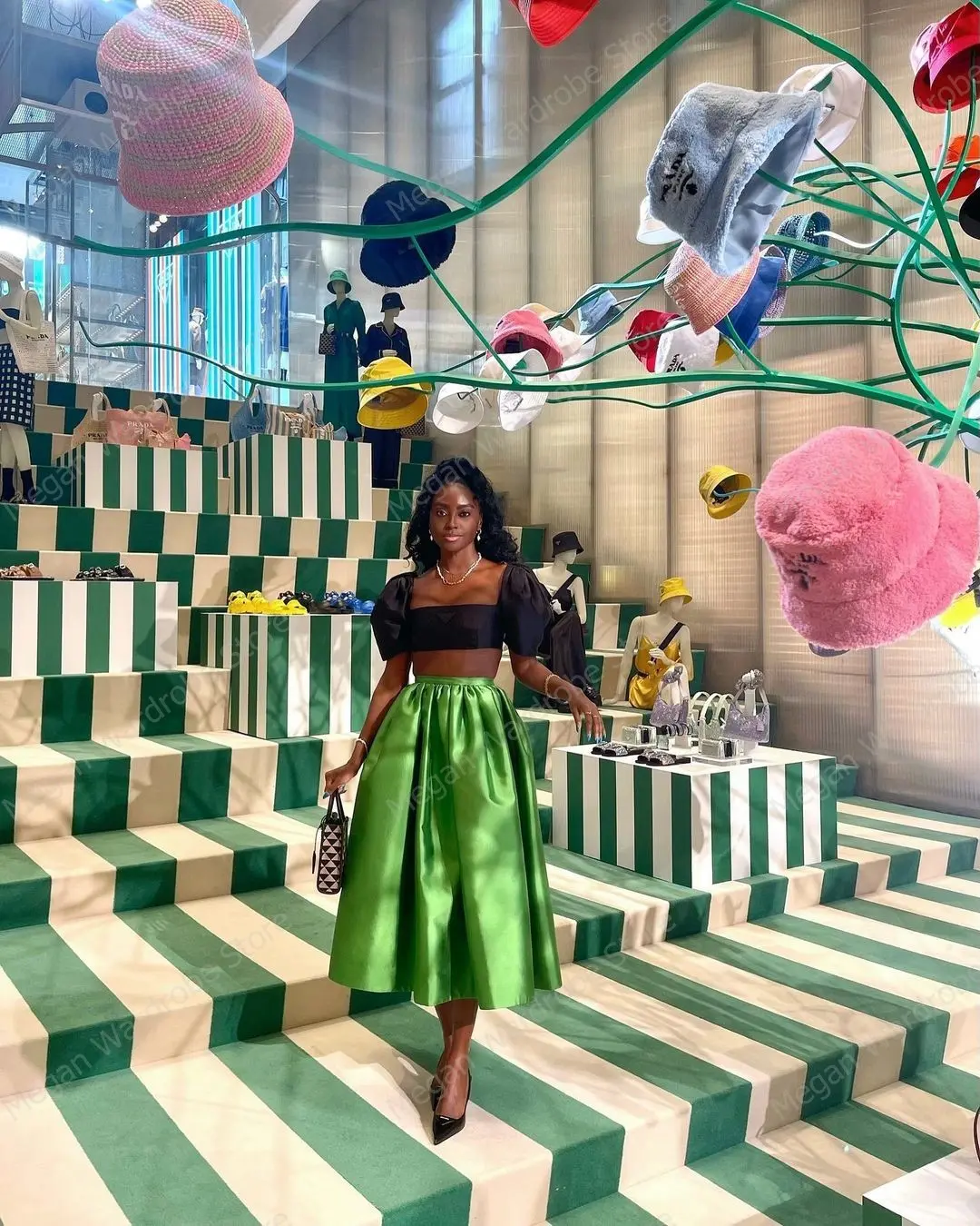 Wholesale Green Mid-Calf Party Skirt Tea Length Elastic Waist Africa Skirts For Black Women A-line Pleated Satin Casual Skirt