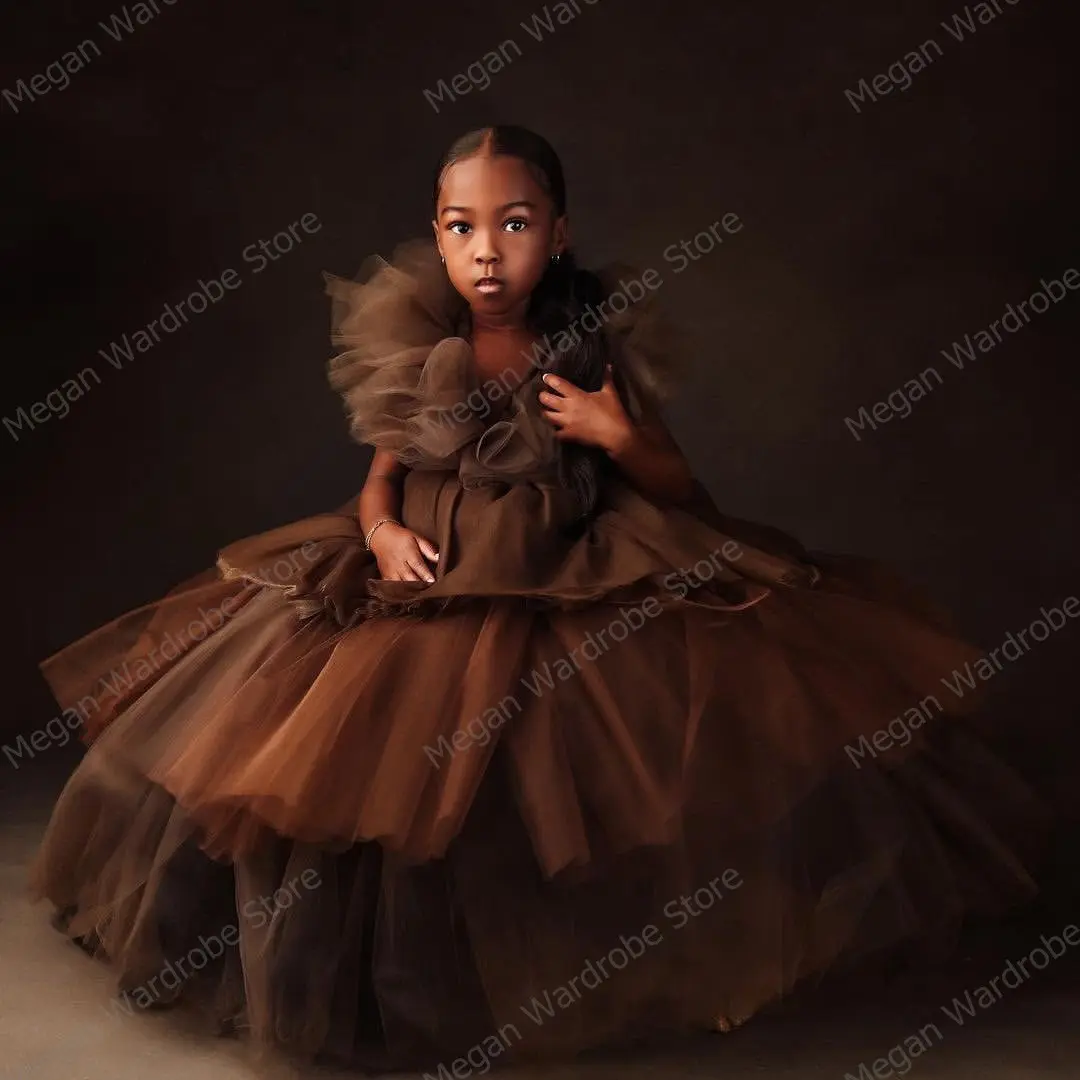 Modern Brown Ruffled Tulle Dress Kids Extra Puffy Tiered Ruffles Long Floor Length Girls Tulle Party Gowns Photography 2022