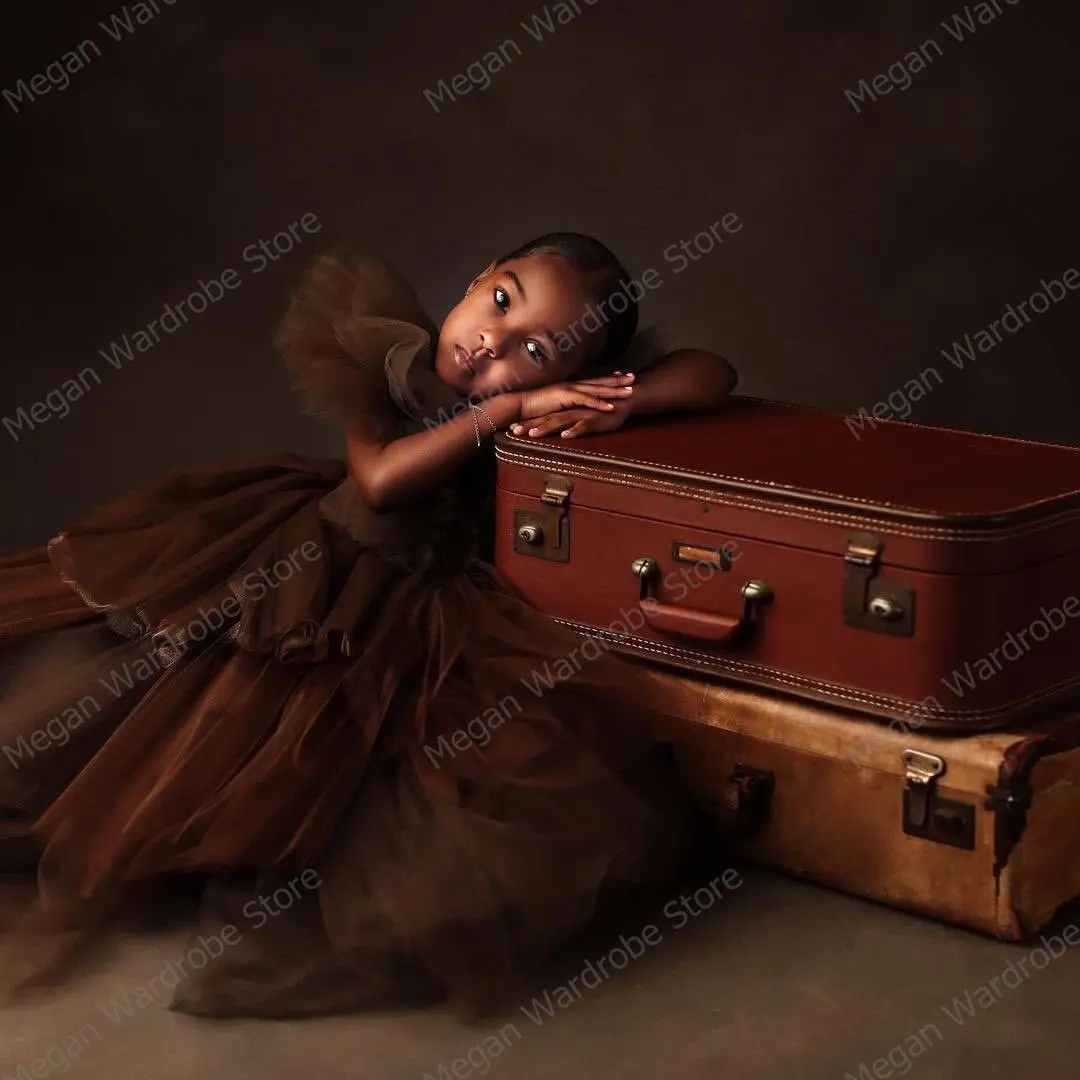 Modern Brown Ruffled Tulle Dress Kids Extra Puffy Tiered Ruffles Long Floor Length Girls Tulle Party Gowns Photography 2022