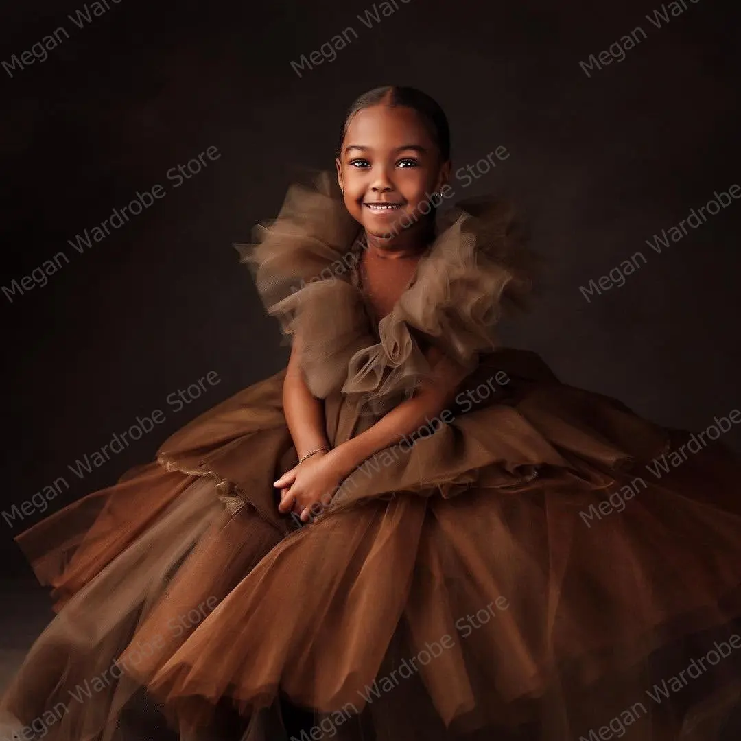 Modern Brown Ruffled Tulle Dress Kids Extra Puffy Tiered Ruffles Long Floor Length Girls Tulle Party Gowns Photography 2022
