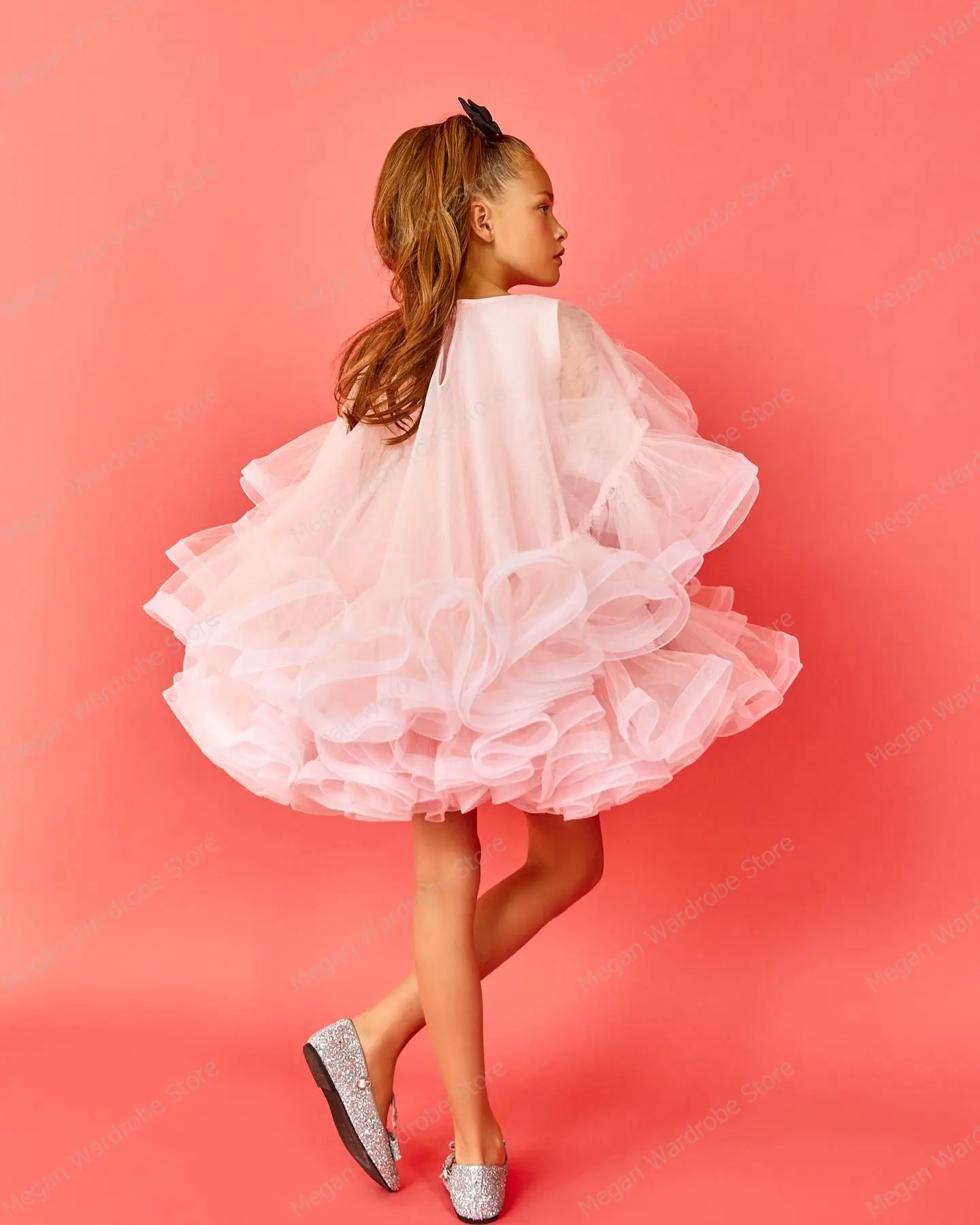 Sweety Ruffled Tulle Kids Birthday Party Dress Pink Girls Tulle Super Fairy Princess Dresses Fly Sleeve Cake Ruffled Child Dress