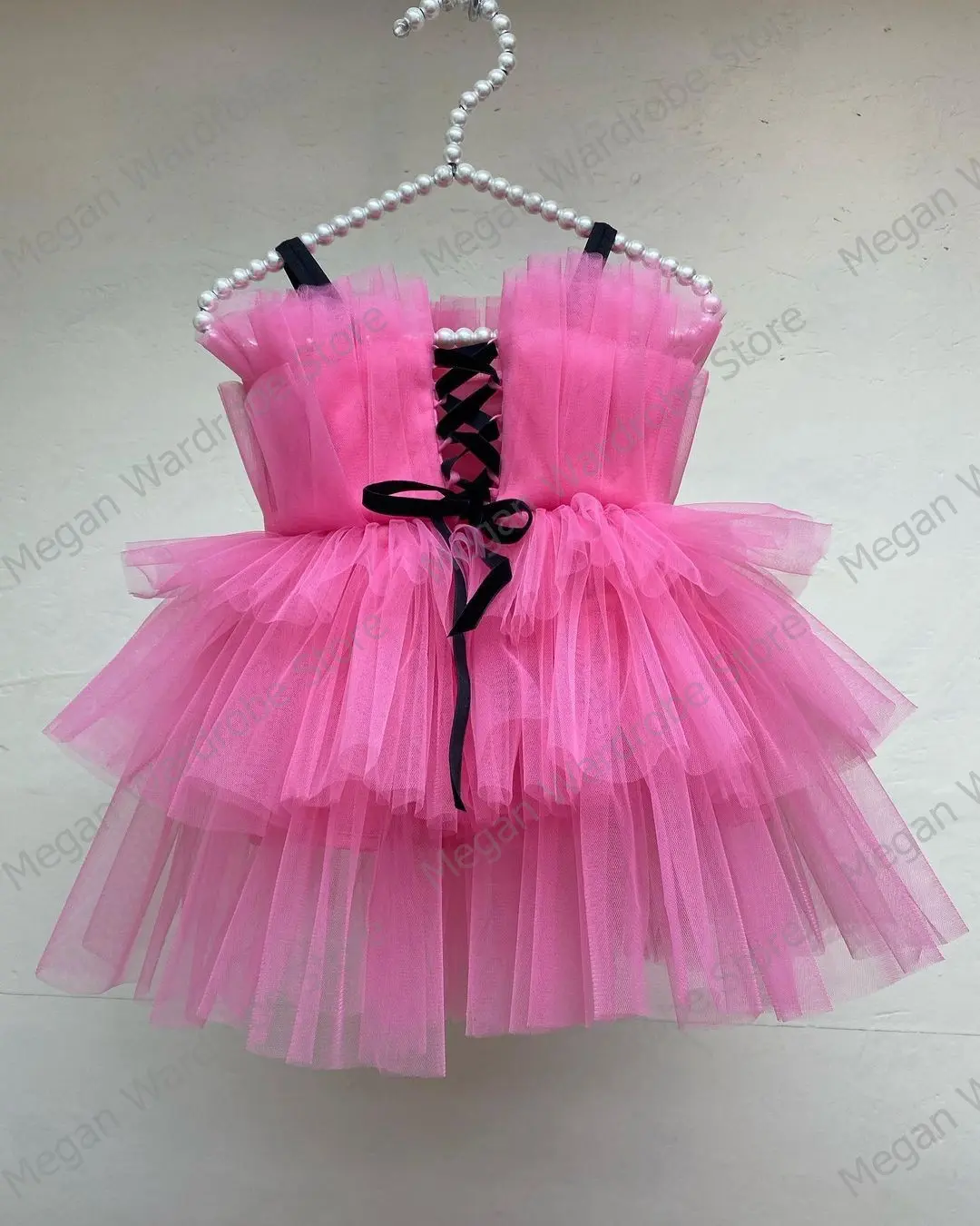 Hot Pink Tiered Ruffled Hi Low Tulle Dresses For Mother And Daughter Birthday Party Wear Lace-up Back Long Dress Real Images