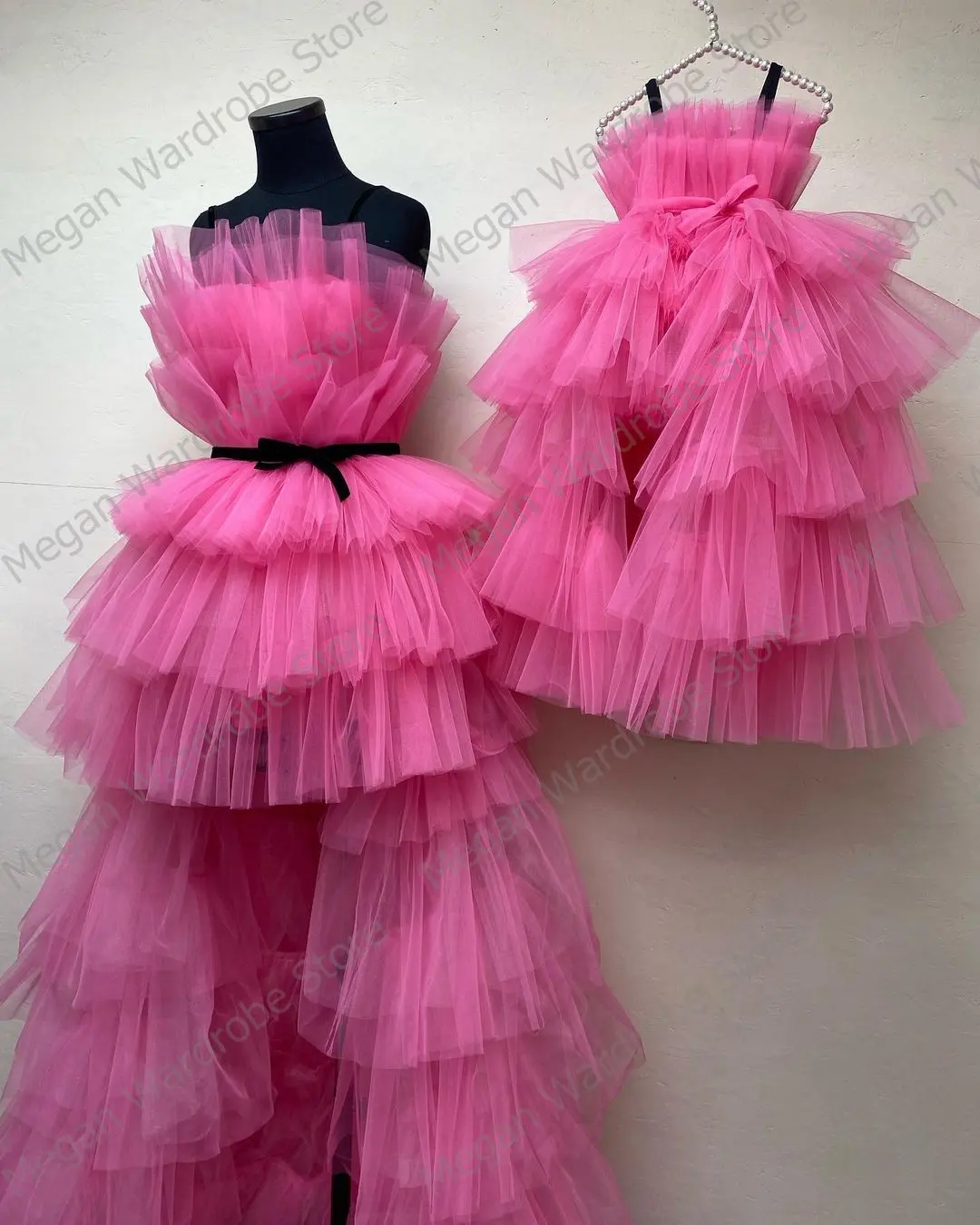 Hot Pink Tiered Ruffled Hi Low Tulle Dresses For Mother And Daughter Birthday Party Wear Lace-up Back Long Dress Real Images