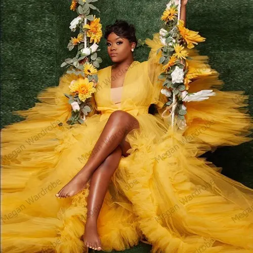 Hot Sale Gold Tulle Maternity Robes Women Customized Plus Size Sexy Sheer Tulle Dressing Gowns For Photography Party Tulle
