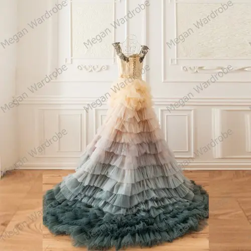 Gorgeous Flower Girl Gowns Fancy Puffy Cascading Ruffles Train Back Cross Tulle Pageant Gown Kids Christmas Party Dresses robe