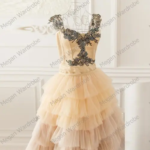 Gorgeous Flower Girl Gowns Fancy Puffy Cascading Ruffles Train Back Cross Tulle Pageant Gown Kids Christmas Party Dresses robe