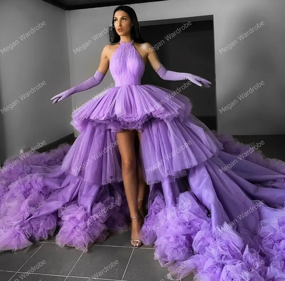 Luxury Puffy Tulle Dresses Hi Low Mini Length Long Train Strapless Custom Made Plus Size Girls Women Fluffy Tulle Party Gown