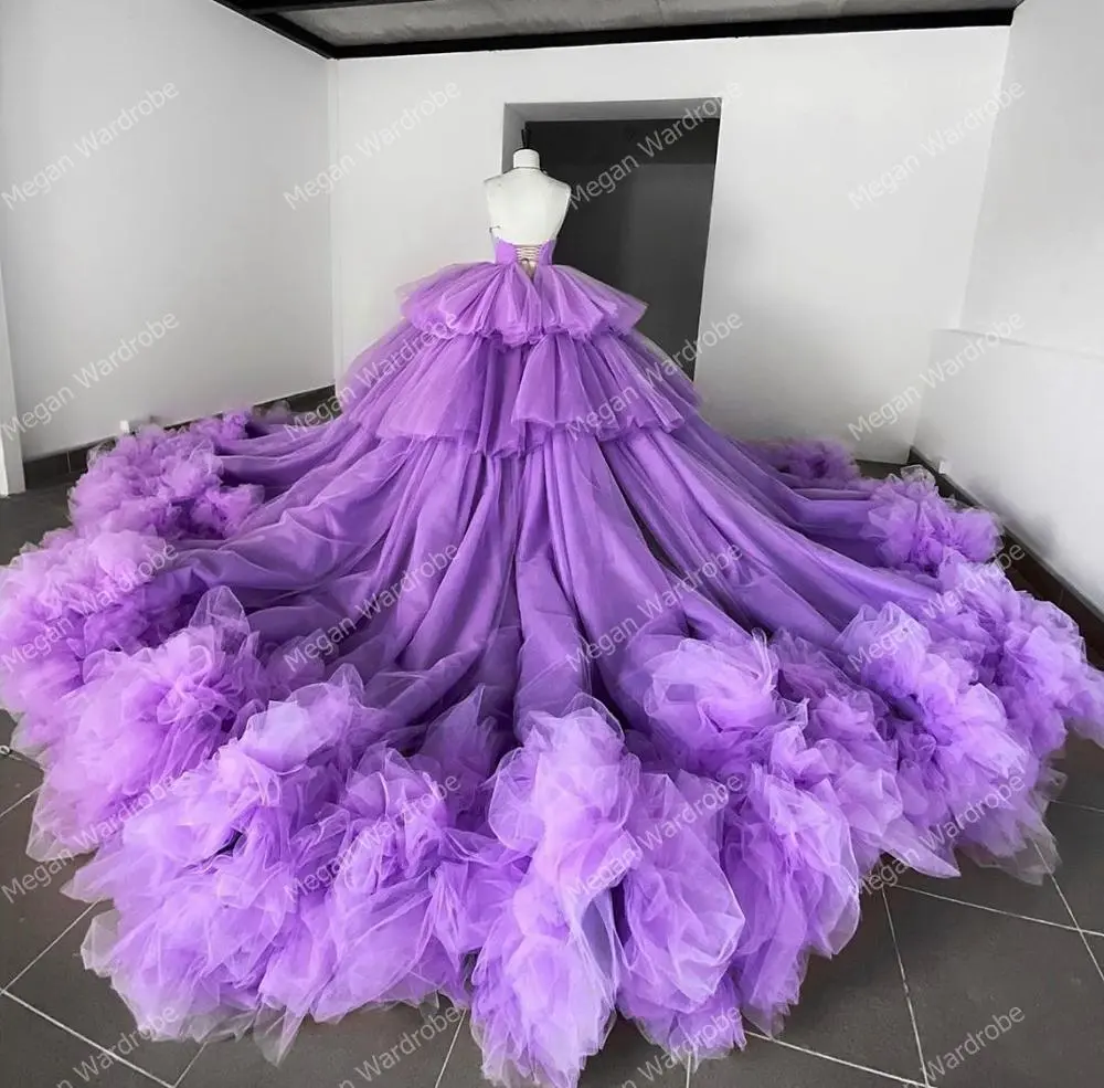 Luxury Puffy Tulle Dresses Hi Low Mini Length Long Train Strapless Custom Made Plus Size Girls Women Fluffy Tulle Party Gown