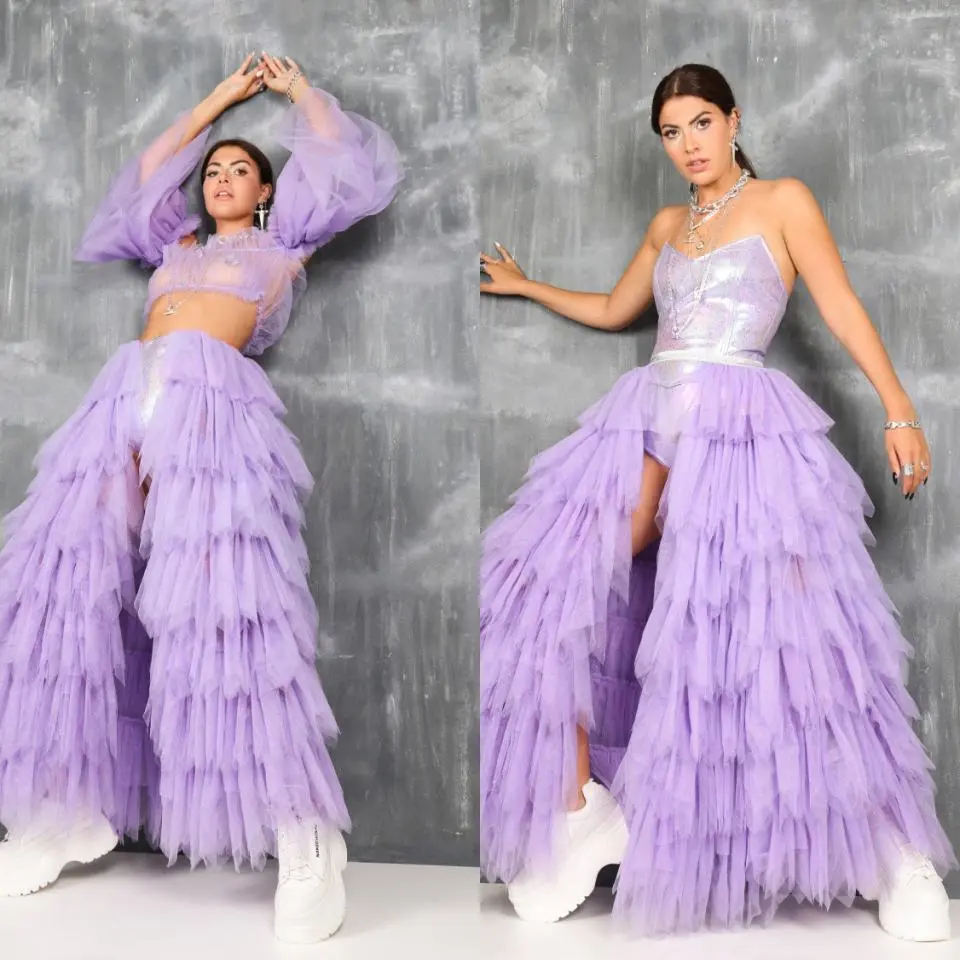 Maxi Long Ruffles Tulle Tiered Purple Detachable Tulle Skirts For Party Gowns Floor Length Wedding Skirts Women Saia Longa